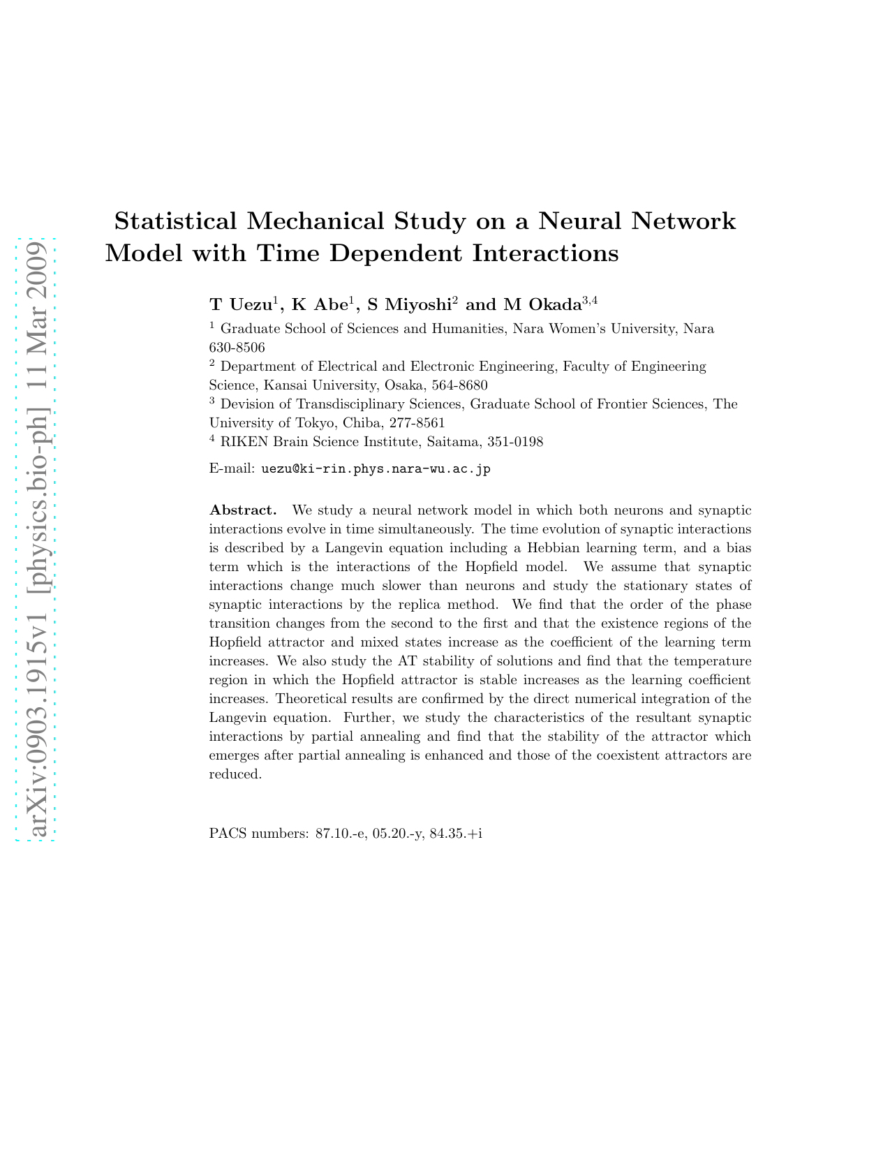 Statistical Mechanical Study on a Neural Network Model with Time   Dependent Interactions