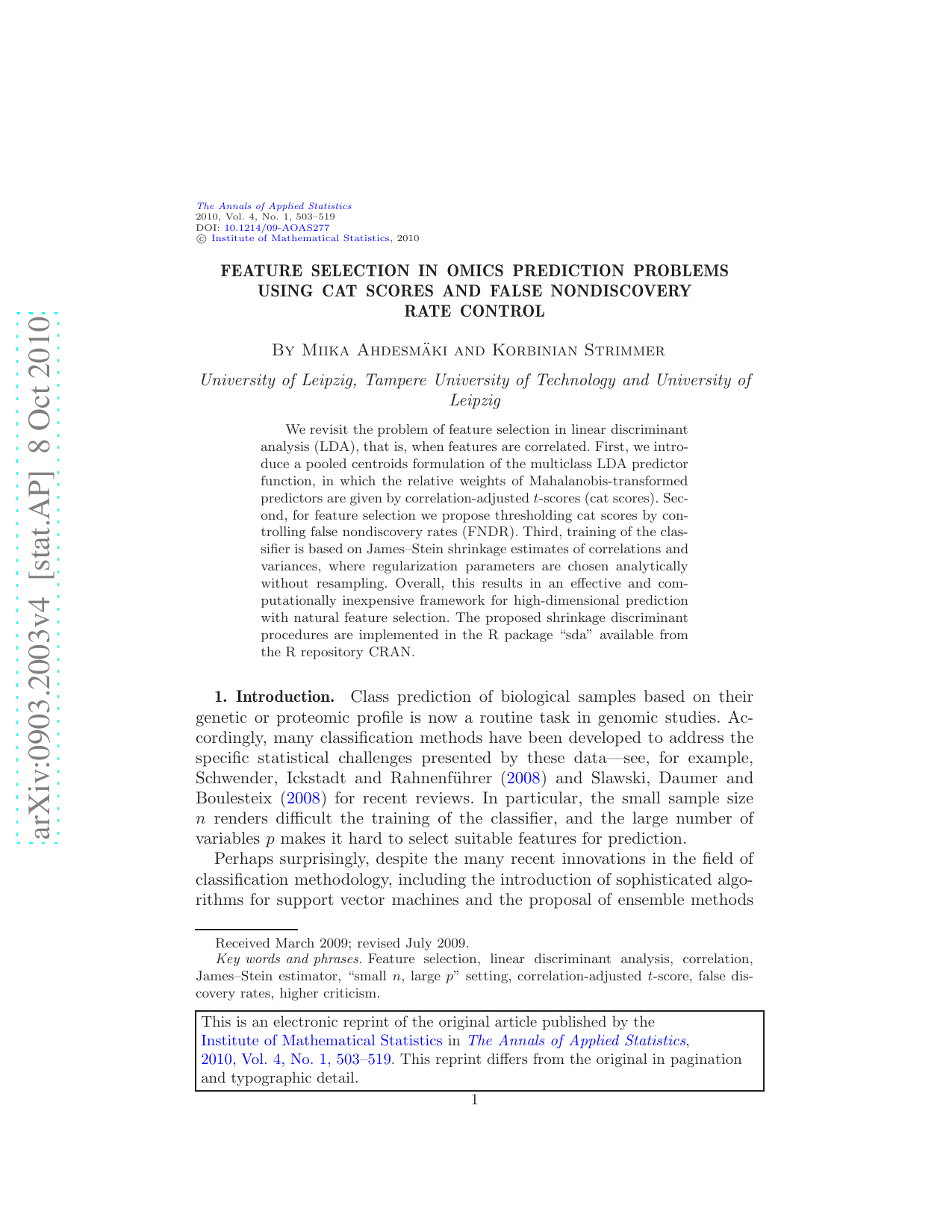 Feature selection in omics prediction problems using cat scores and   false nondiscovery rate control