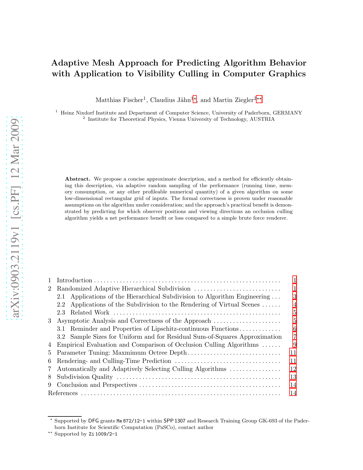 Adaptive Mesh Approach for Predicting Algorithm Behavior with   Application to Visibility Culling in Computer Graphics