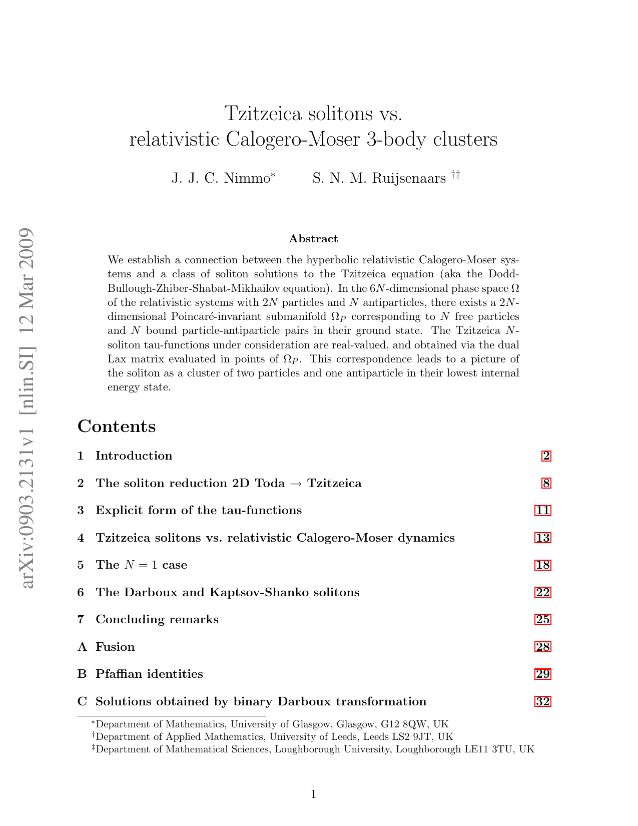 Tzitzeica solitons vs. relativistic Calogero-Moser 3-body clusters