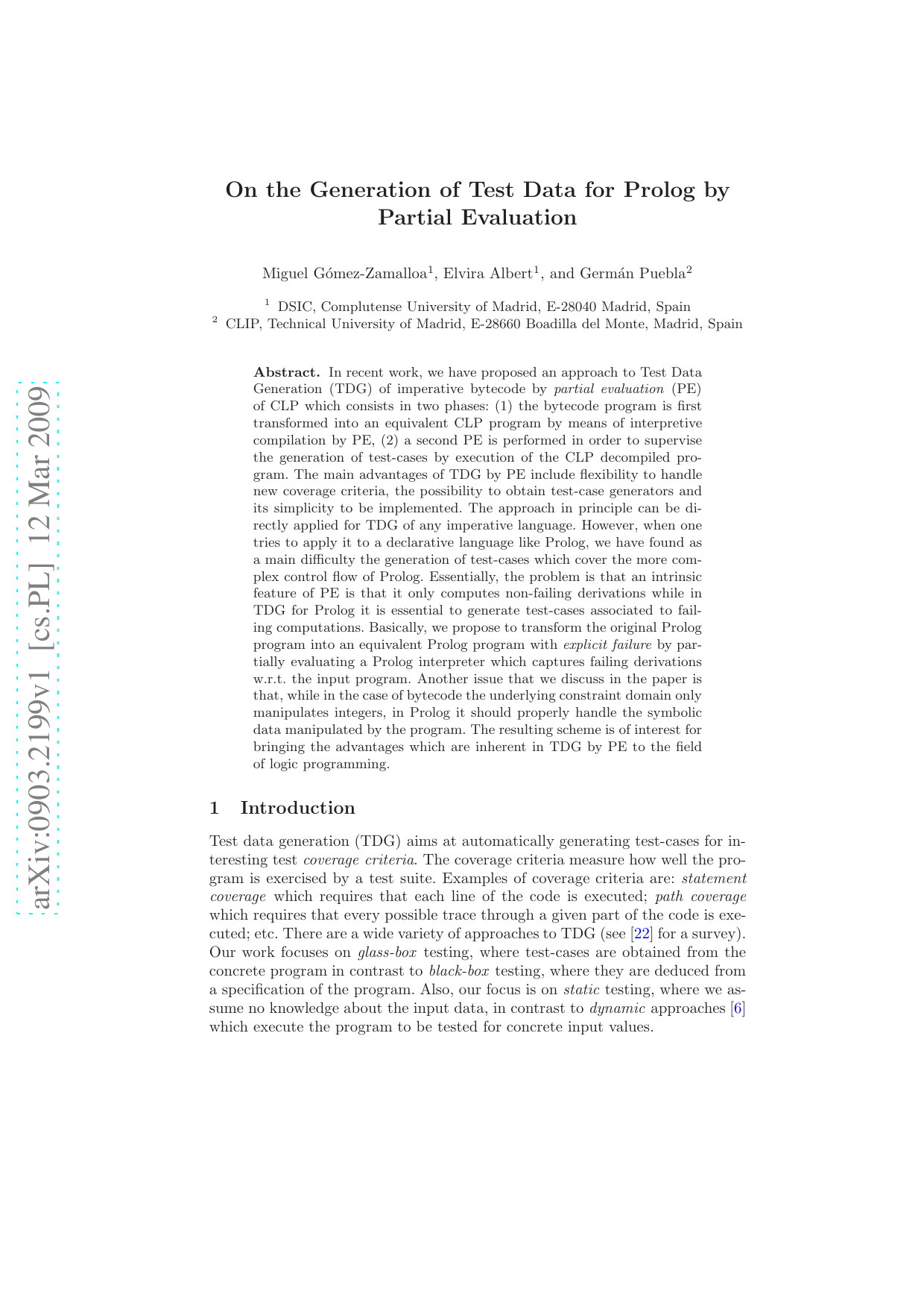 On the Generation of Test Data for Prolog by Partial Evaluation