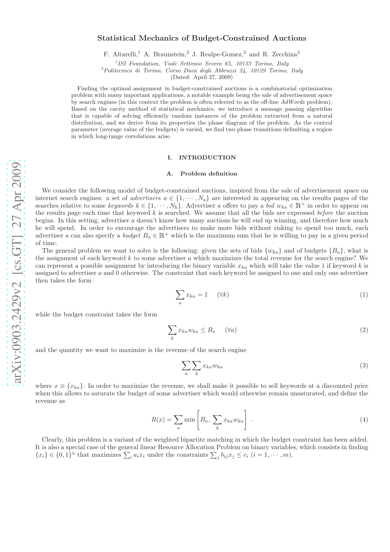 Statistical mechanics of budget-constrained auctions