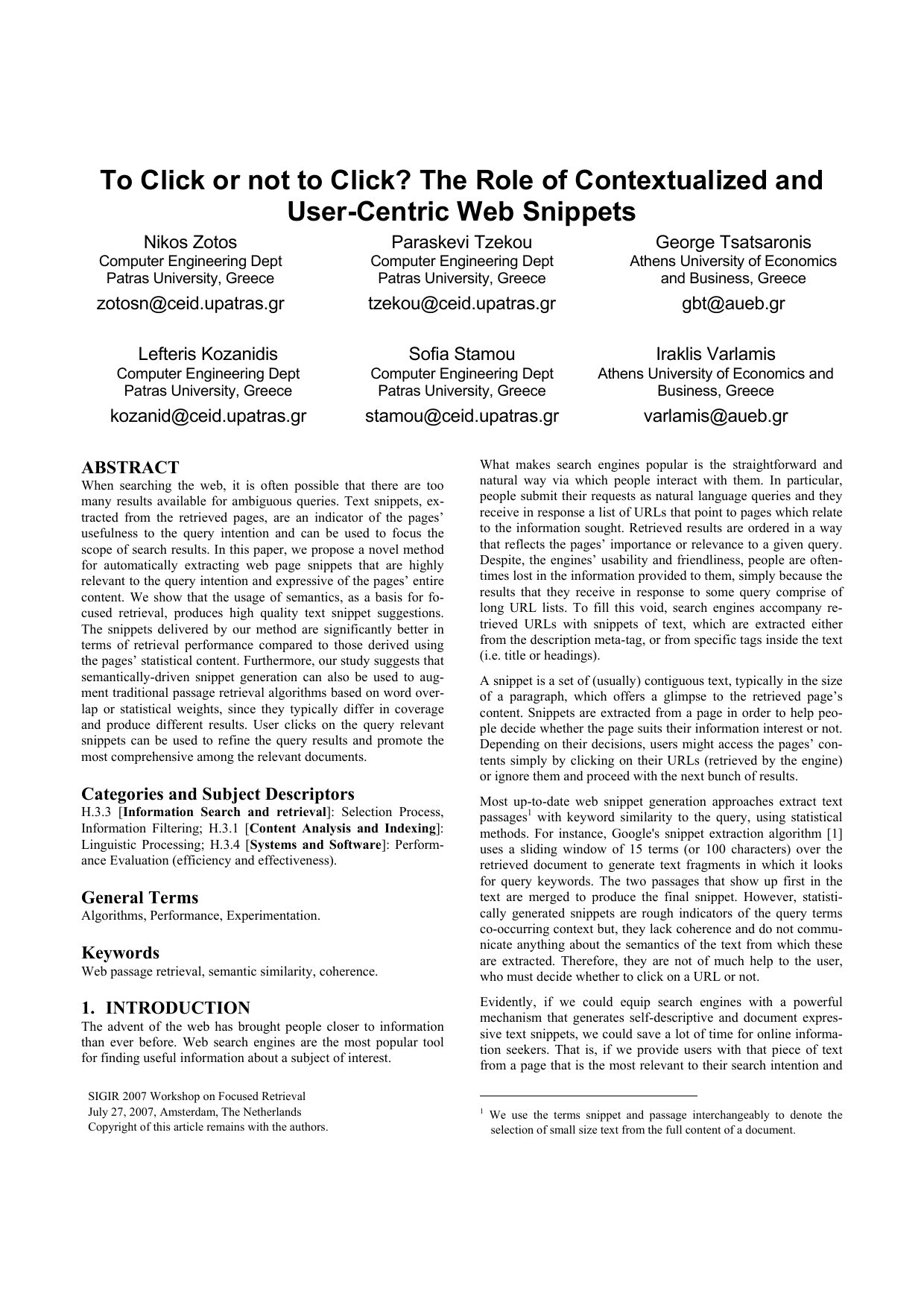 To Click or not to Click? The Role of Contextualized and User-Centric   Web Snippets