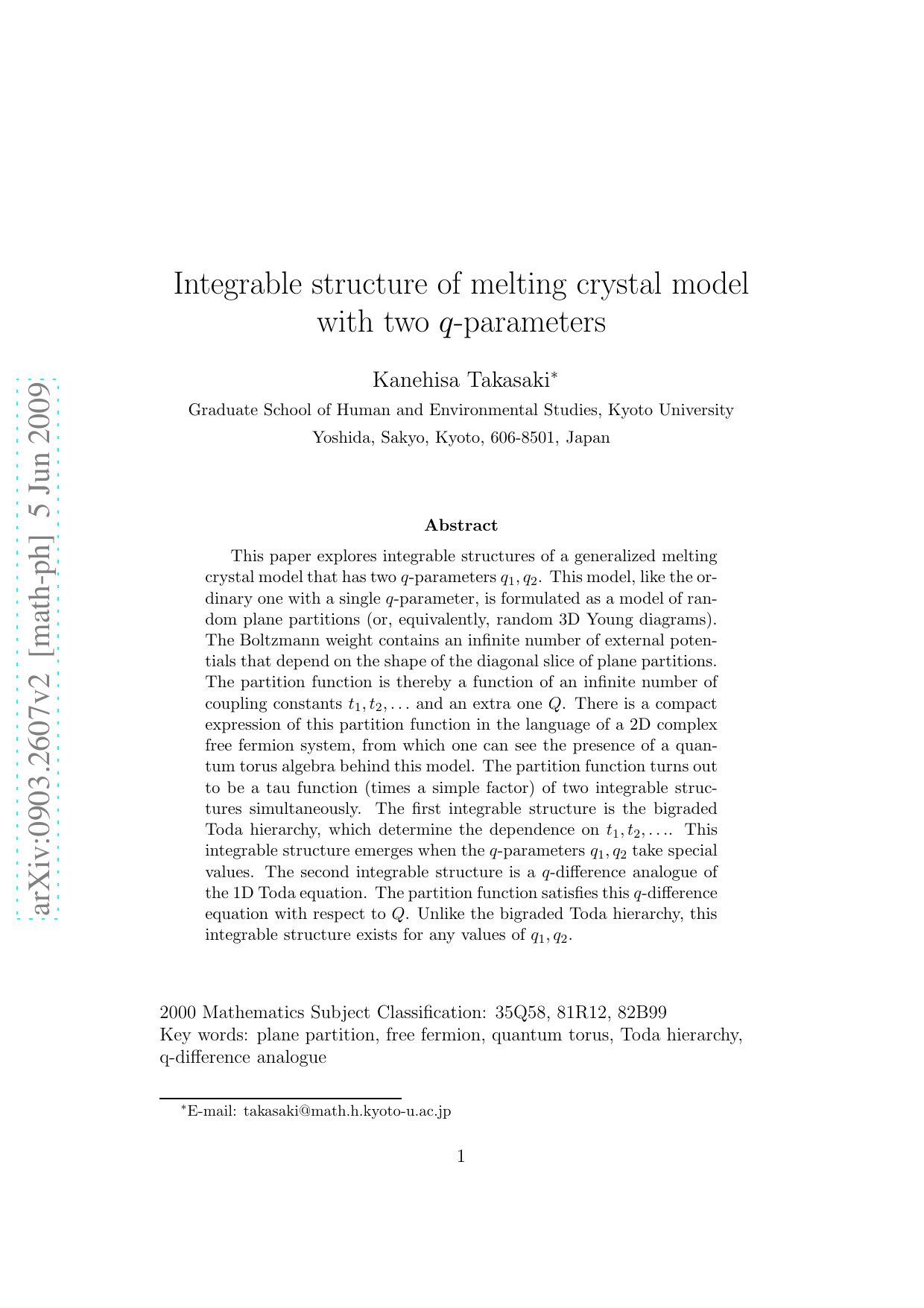 Integrable structure of melting crystal model with two q-parameters