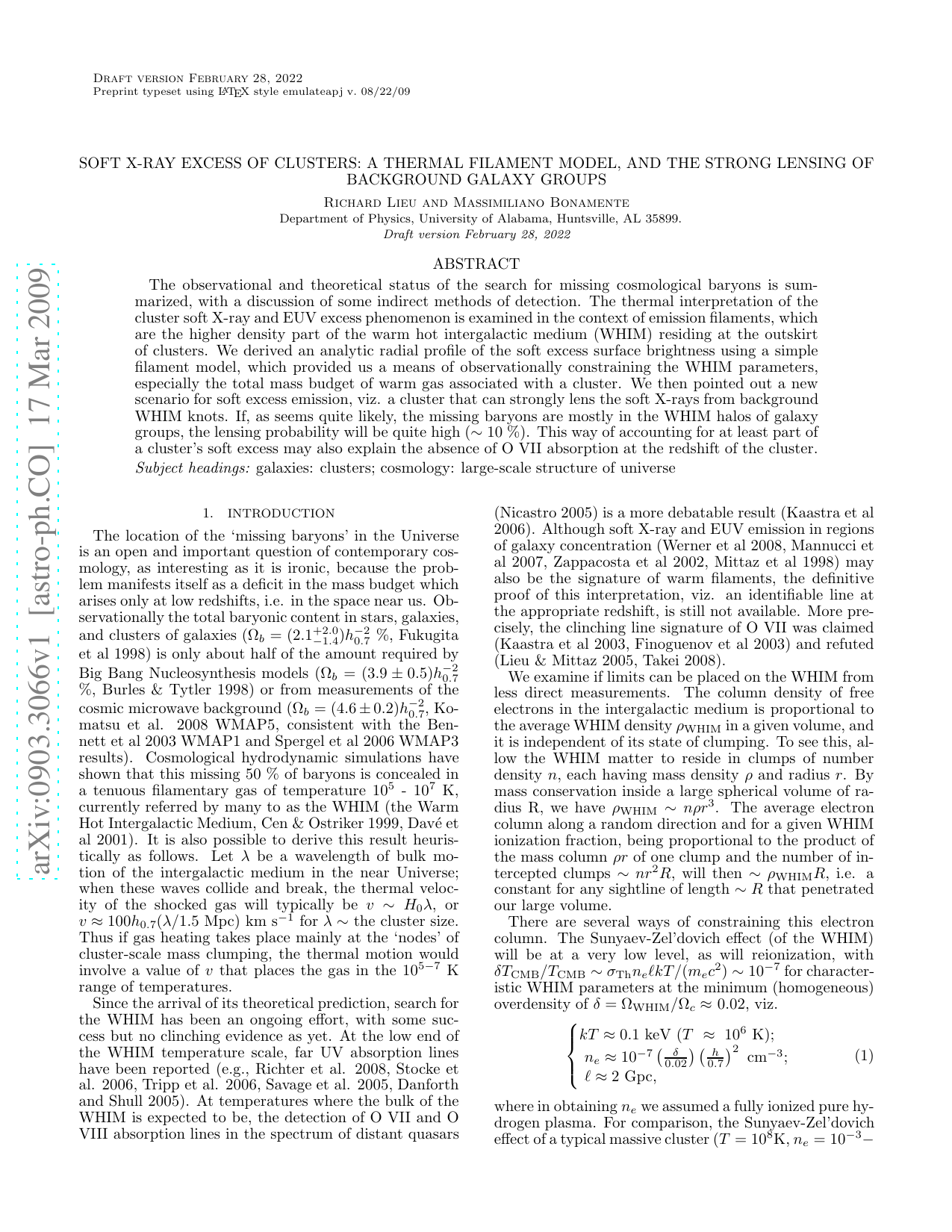 Soft X-ray excess of clusters: a thermal filament model, and the strong   lensing of background galaxy groups