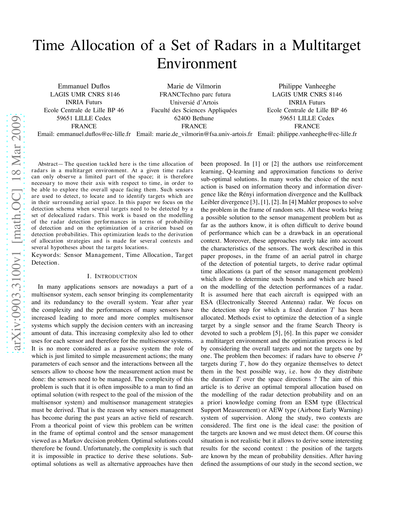 Time Allocation of a Set of Radars in a Multitarget Environment