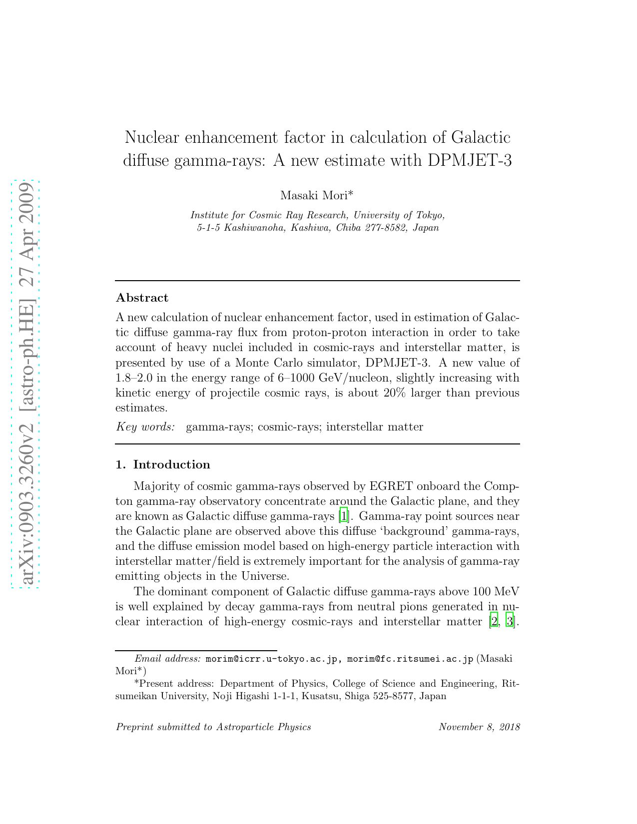 Nuclear enhancement factor in calculation of Galactic diffuse   gamma-rays: A new estimate with DPMJET-3