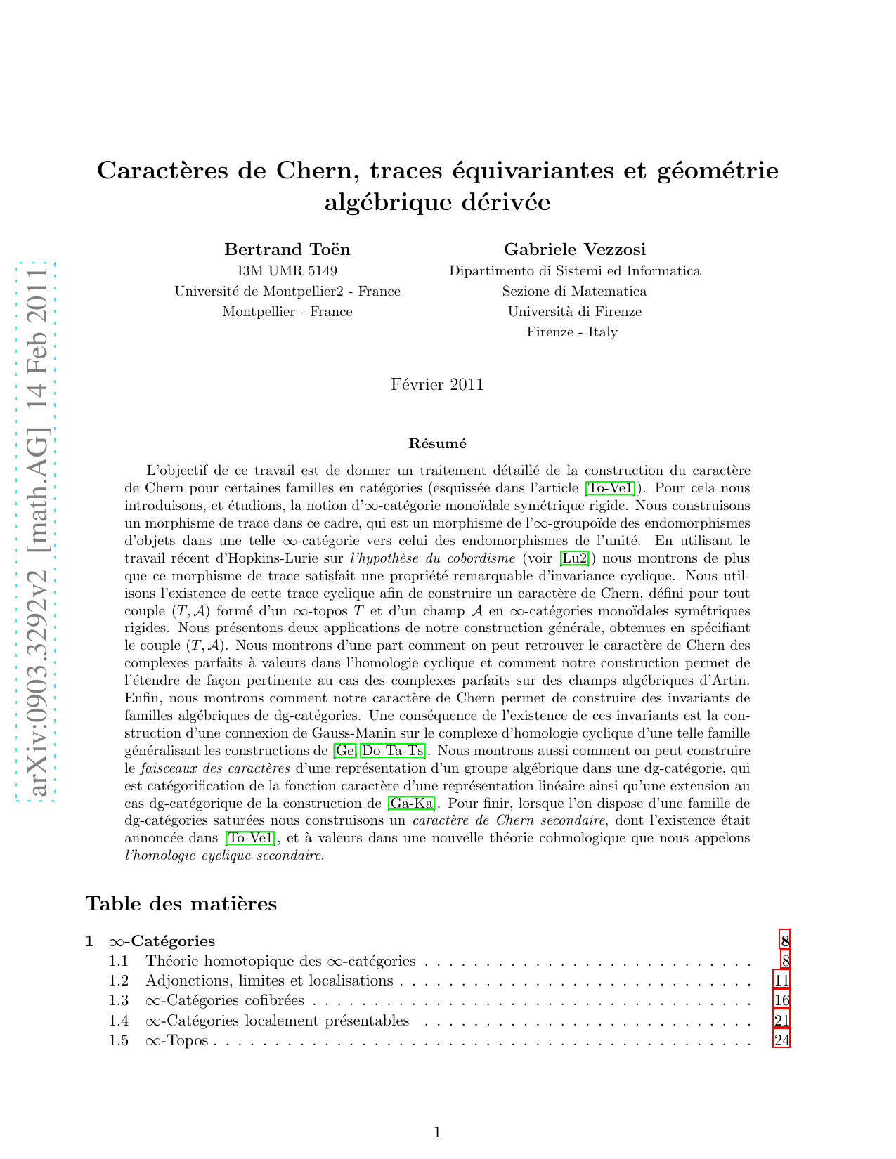 Caract`eres de Chern, traces equivariantes et geometrie   algebrique derivee