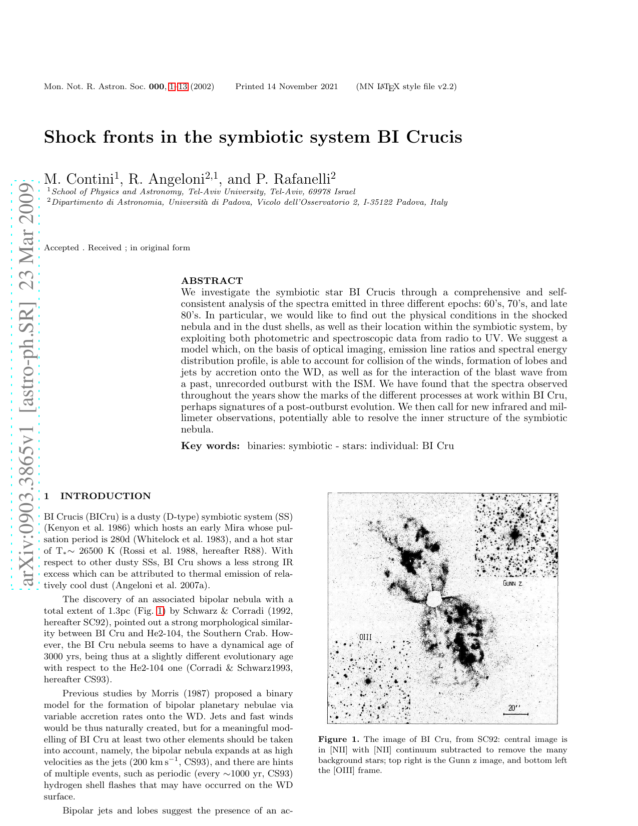 Shock fronts in the symbiotic system BI Crucis