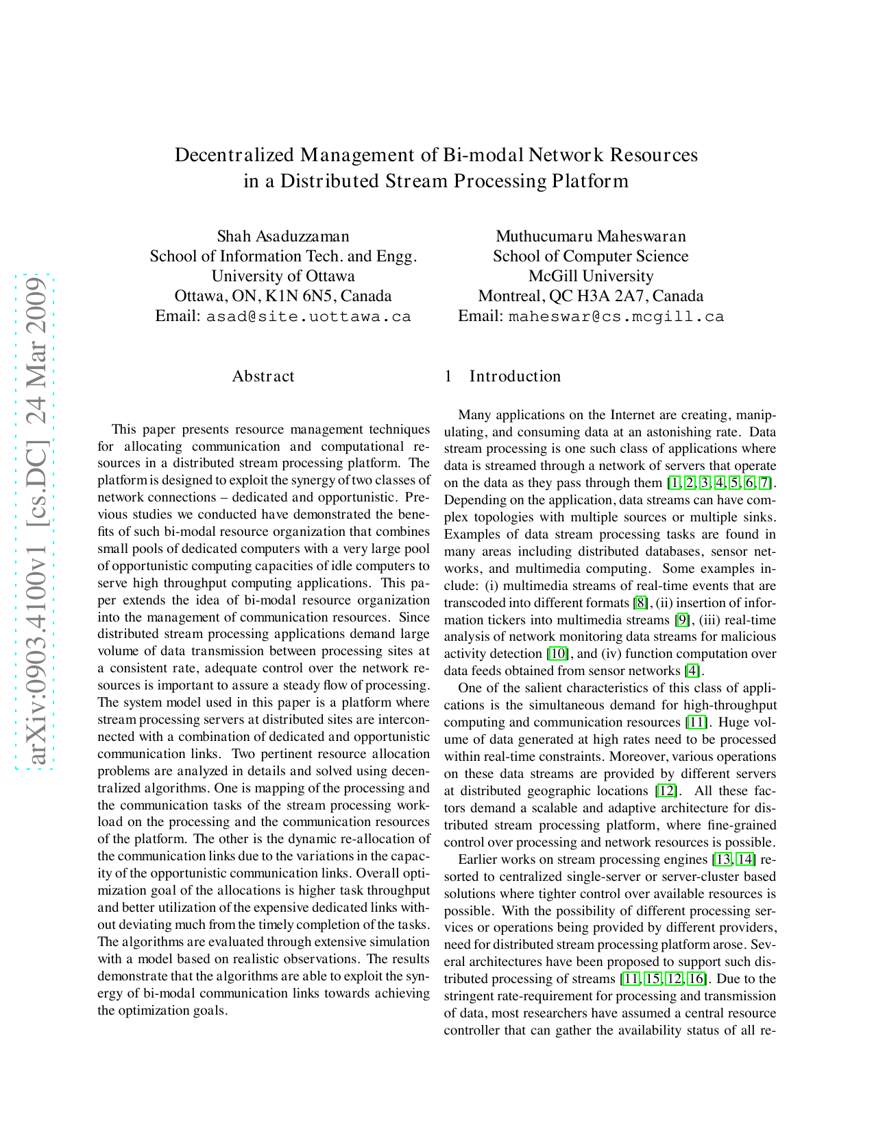 Decentralized Management of Bi-modal Network Resources in a Distributed   Stream Processing Platform