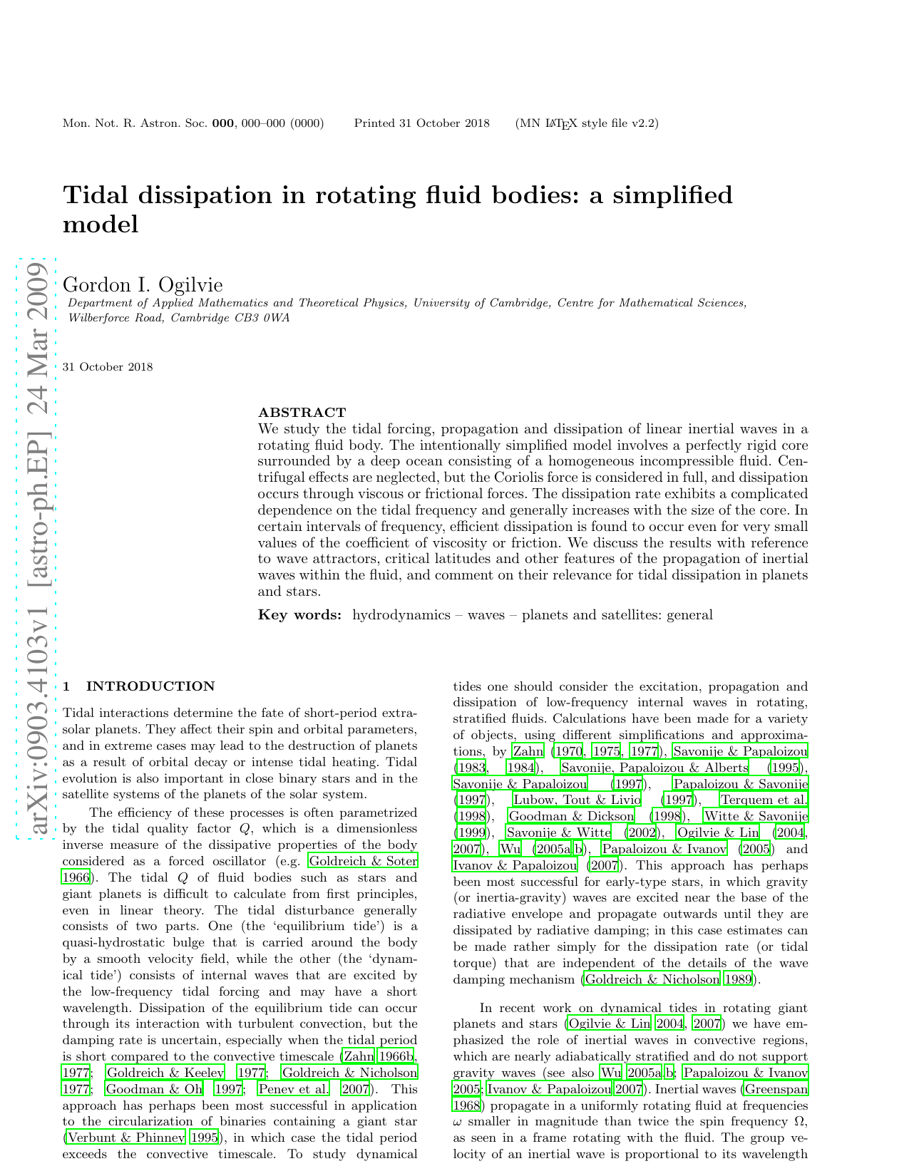 Tidal dissipation in rotating fluid bodies: a simplified model
