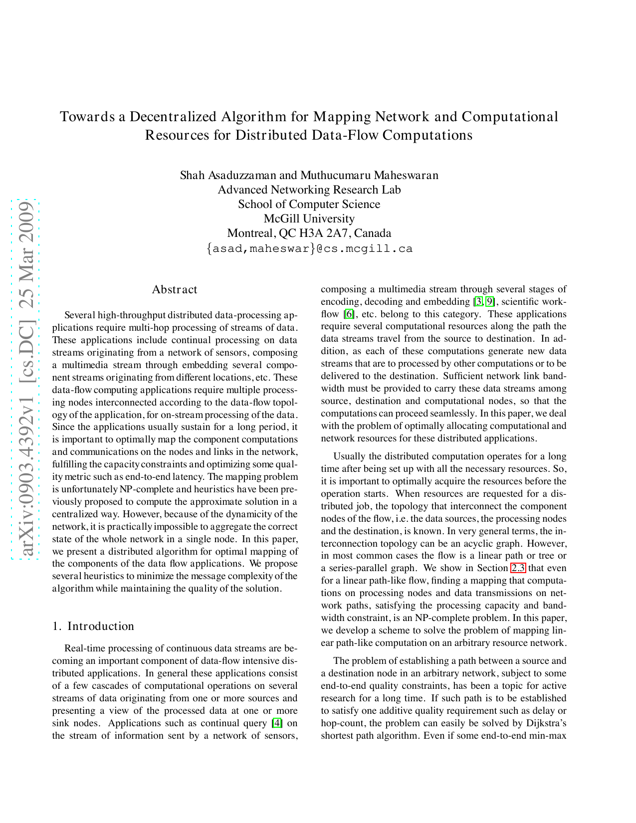 Towards a decentralized algorithm for mapping network and computational   resources for distributed data-flow computations