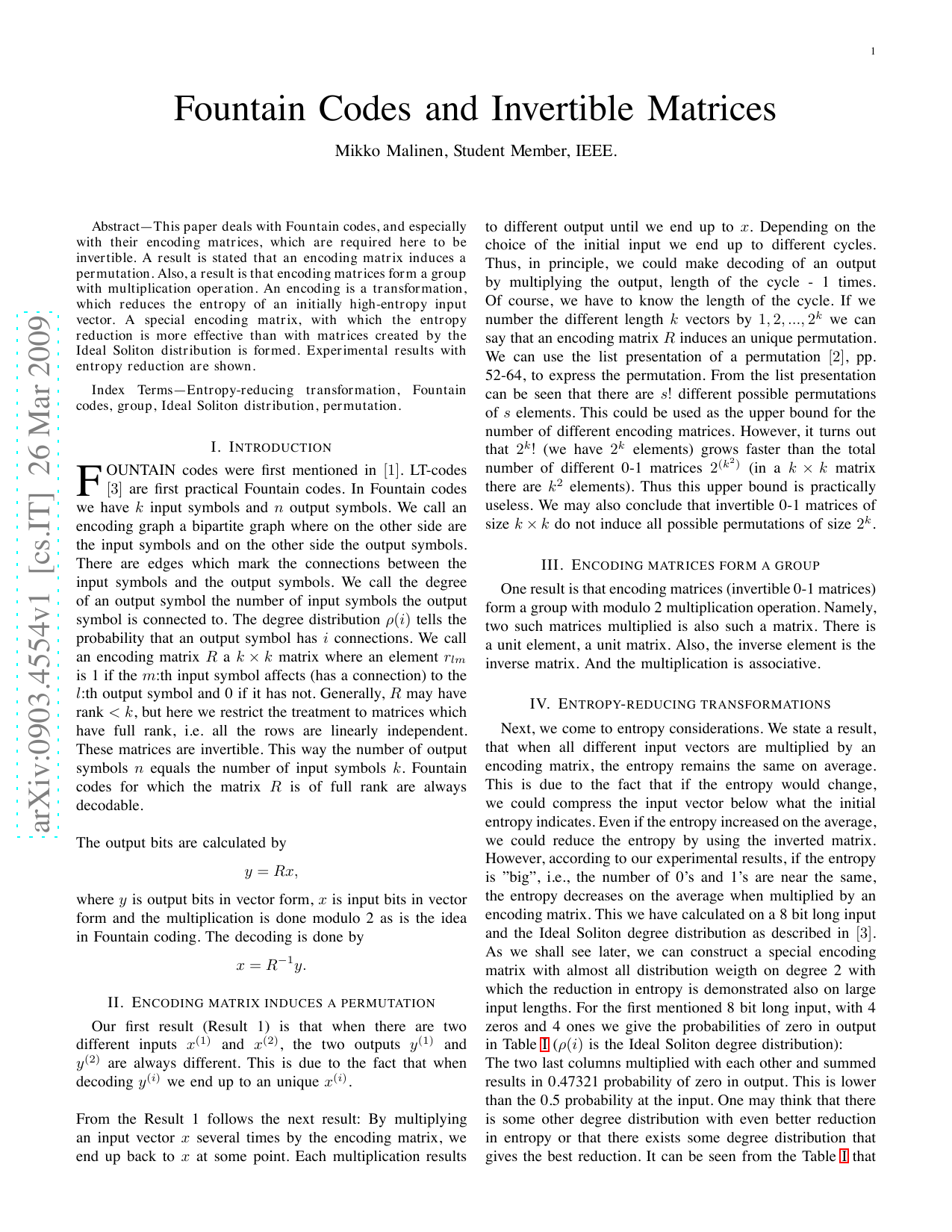 Fountain Codes and Invertible Matrices