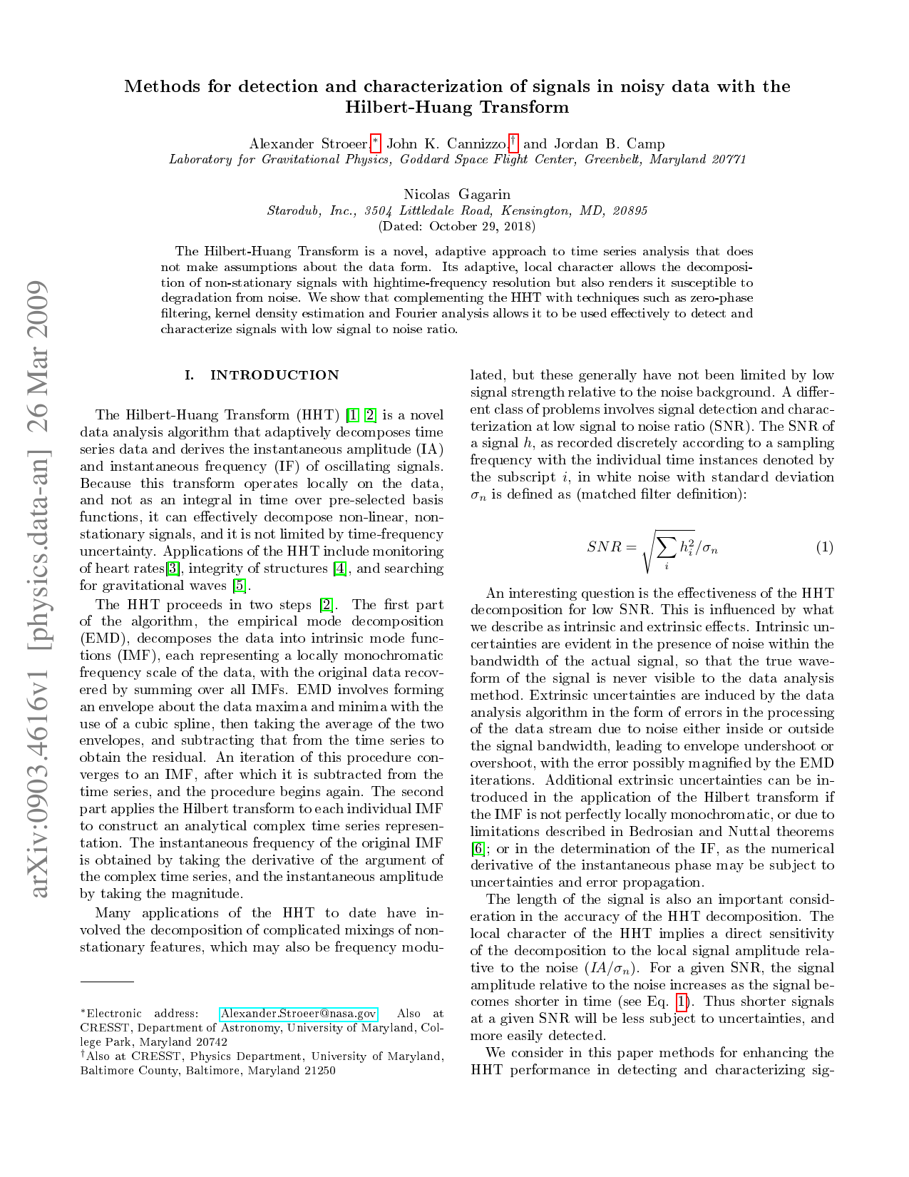 Methods for detection and characterization of signals in noisy data with   the Hilbert-Huang Transform