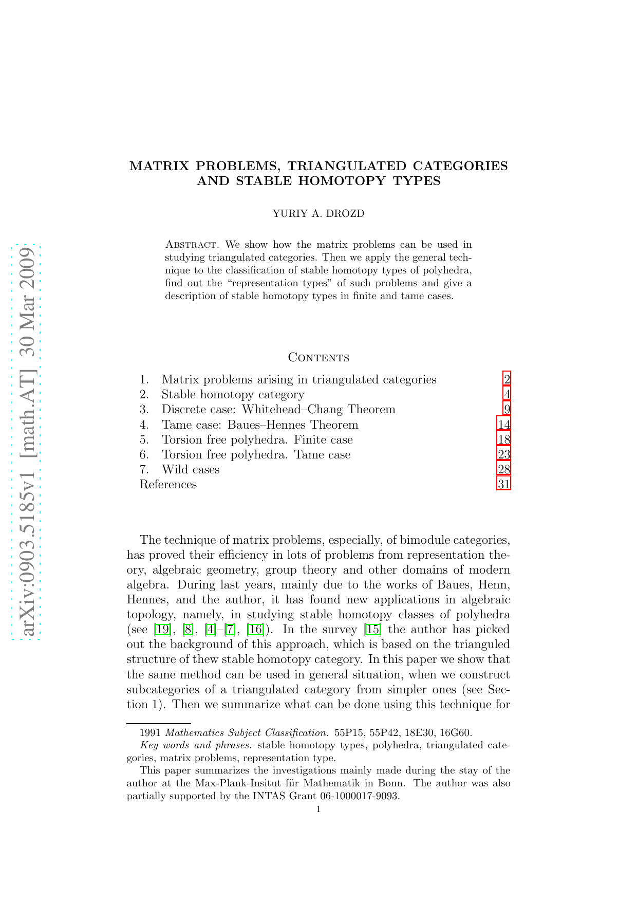 Matrix problems, triangulated categories and stable homotopy types