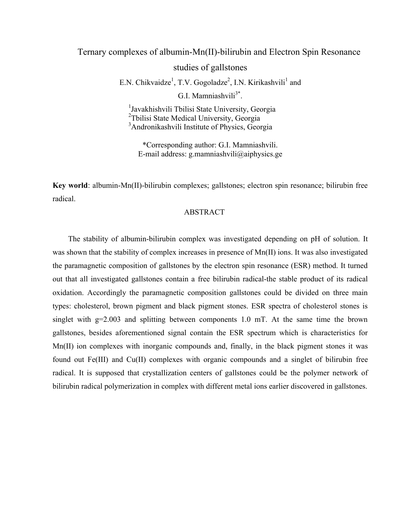Ternary complexes of albumin-Mn(II)-bilirubin and Electron Spin   Resonance studies of gallstones