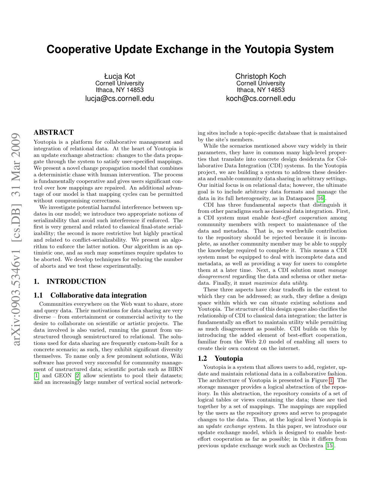Cooperative Update Exchange in the Youtopia System