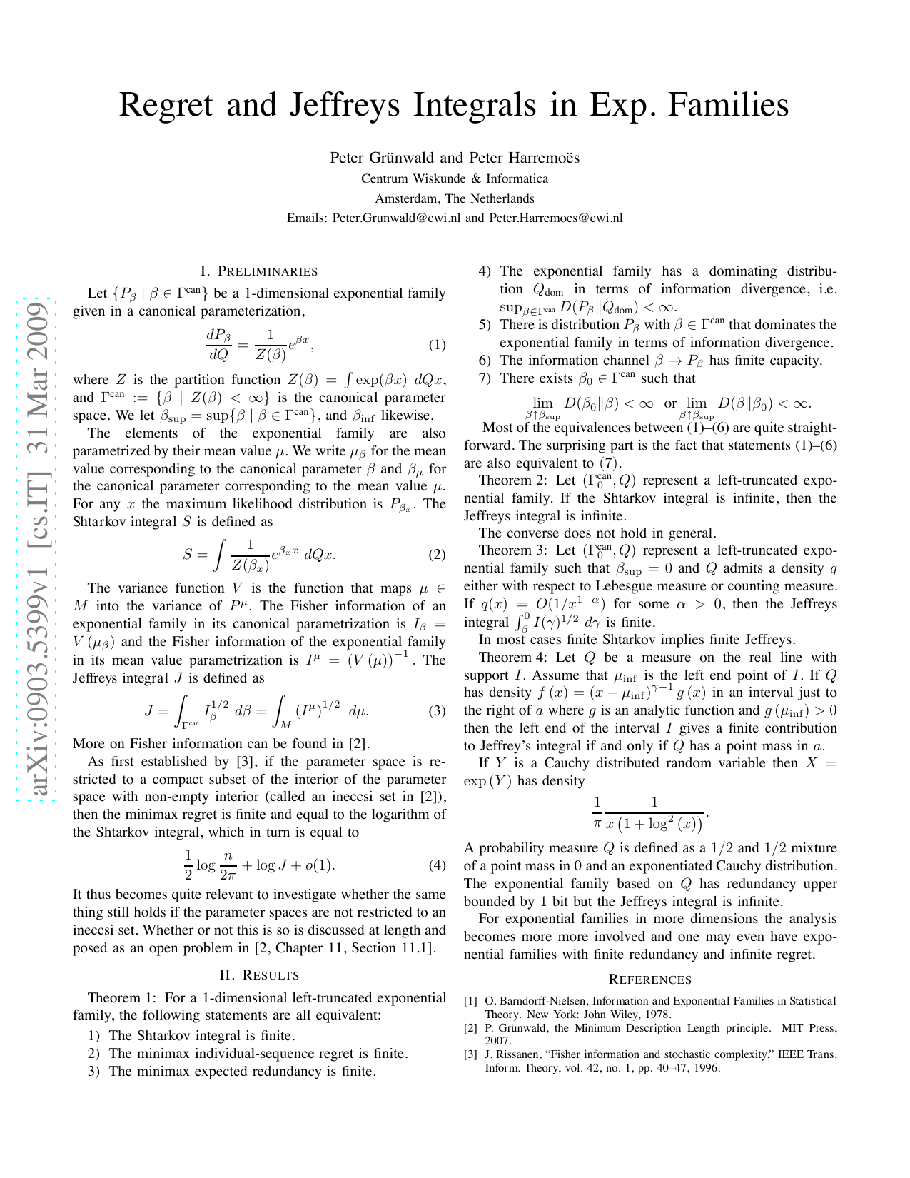 Regret and Jeffreys Integrals in Exp. Families