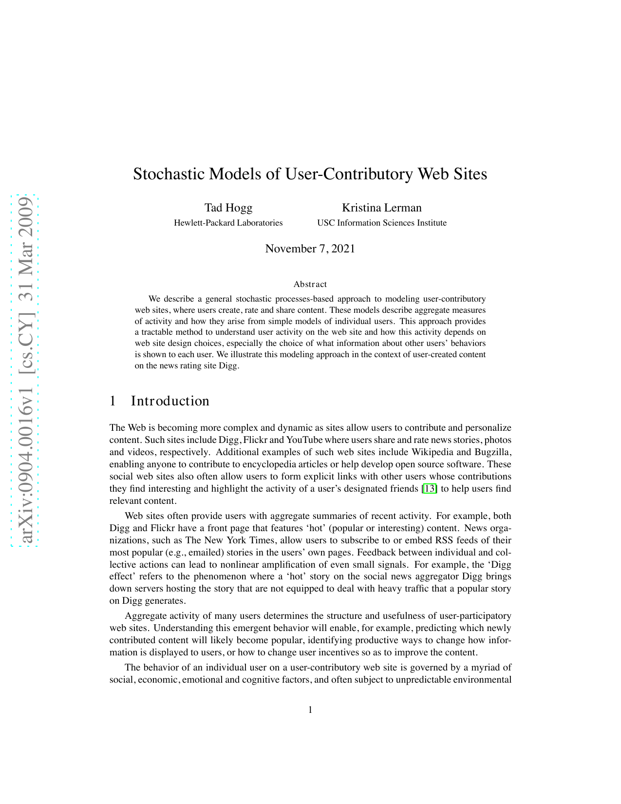 Stochastic Models of User-Contributory Web Sites