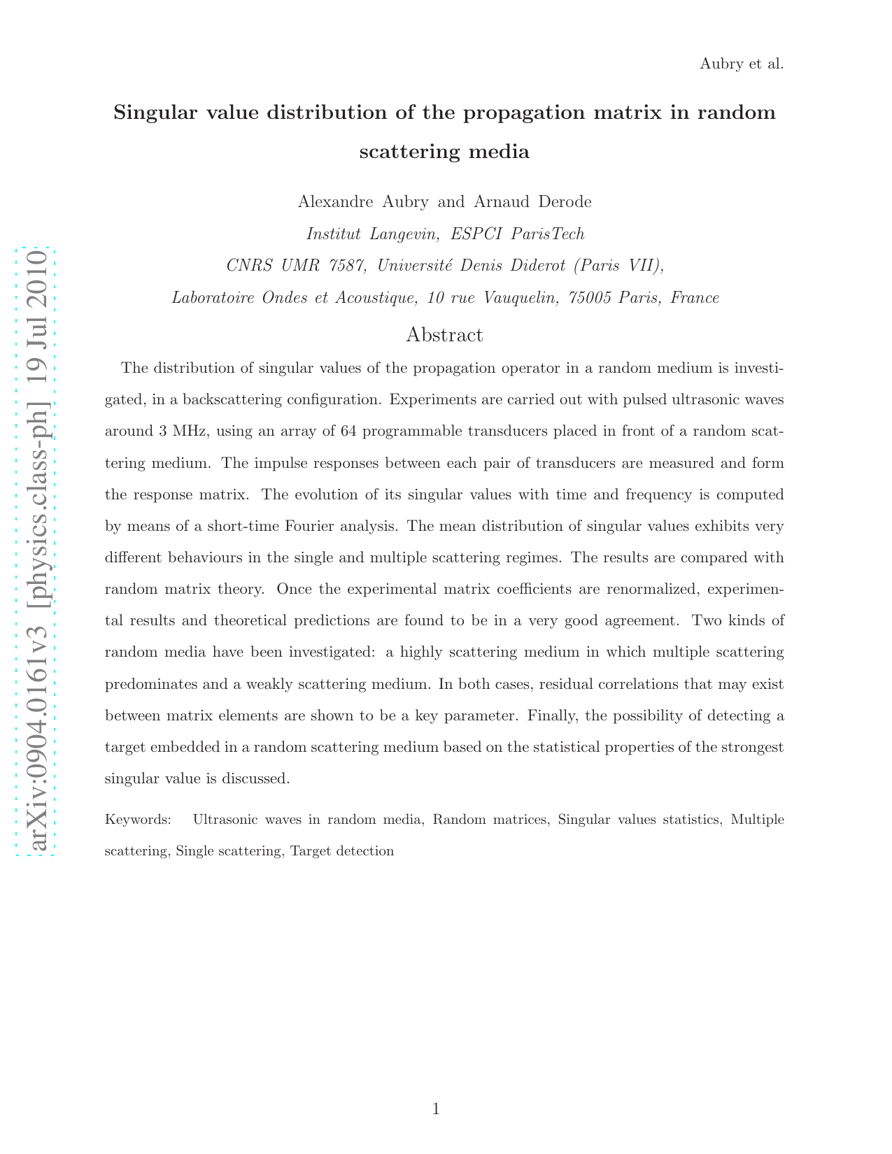 Singular value distribution of the propagation matrix in random   scattering media