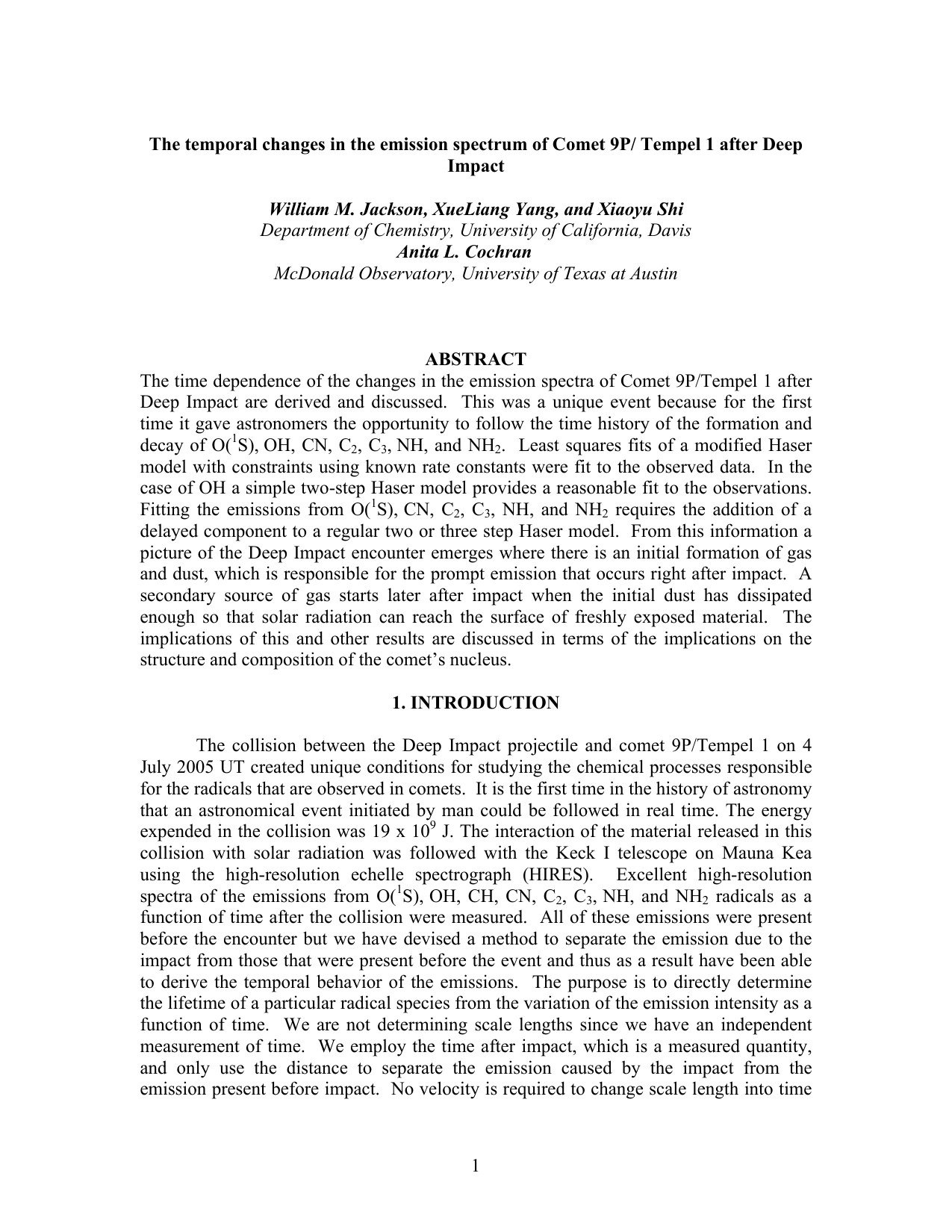 The temporal changes in the emission spectrum of Comet 9P/Tempel 1 after Deep Impact