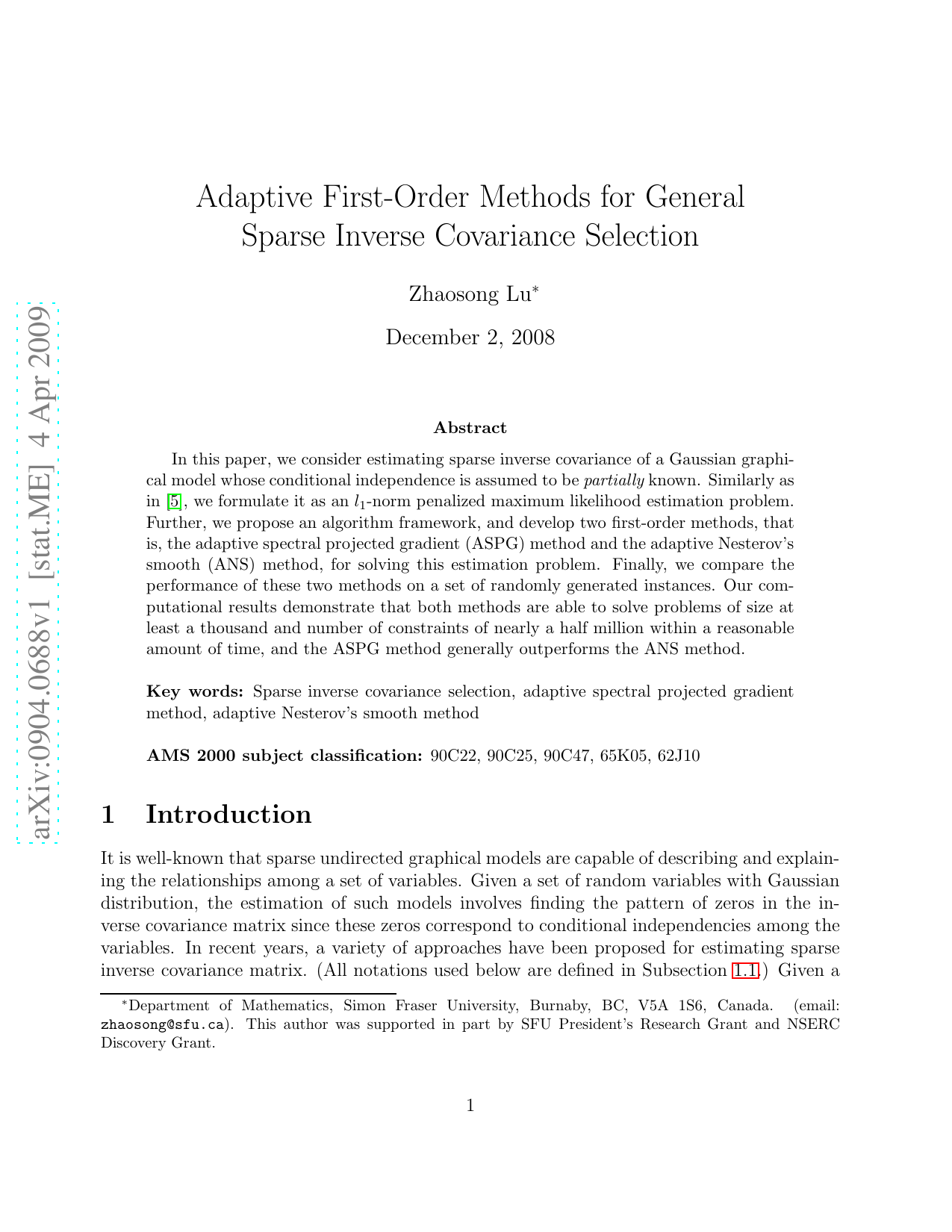 Adaptive First-Order Methods for General Sparse Inverse Covariance   Selection