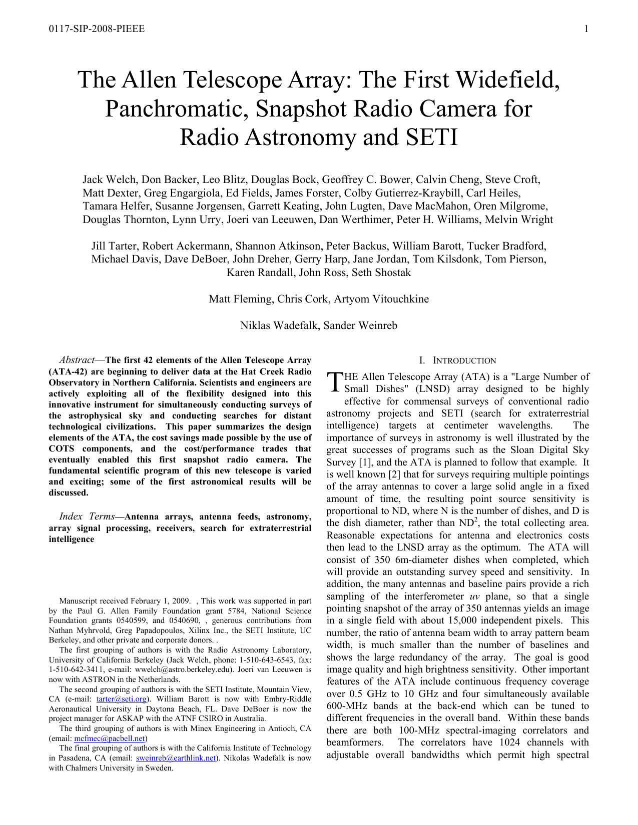 The Allen Telescope Array: The First Widefield, Panchromatic, Snapshot Radio Camera for Radio Astronomy and SETI