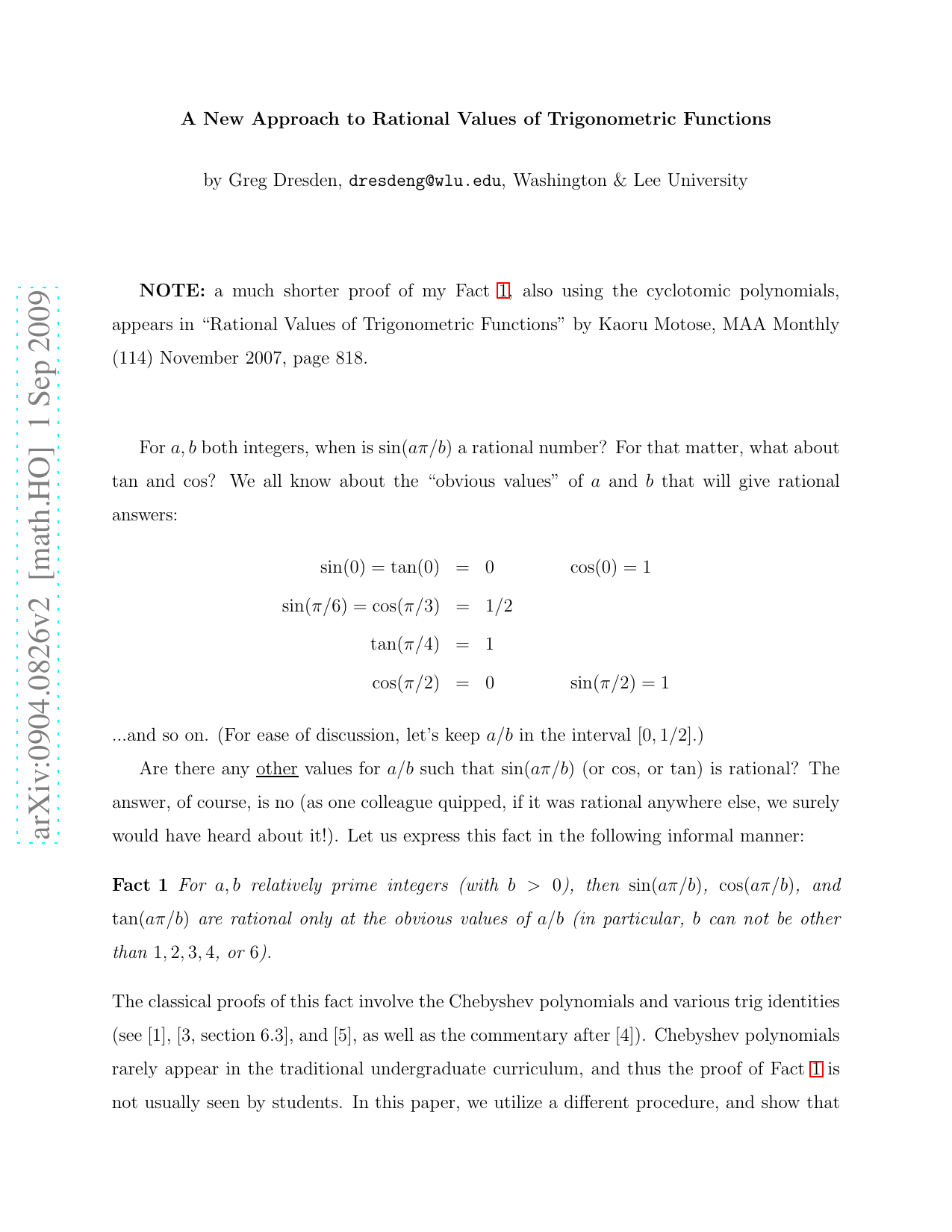 A New Approach to Rational Values of Trigonometric Functions