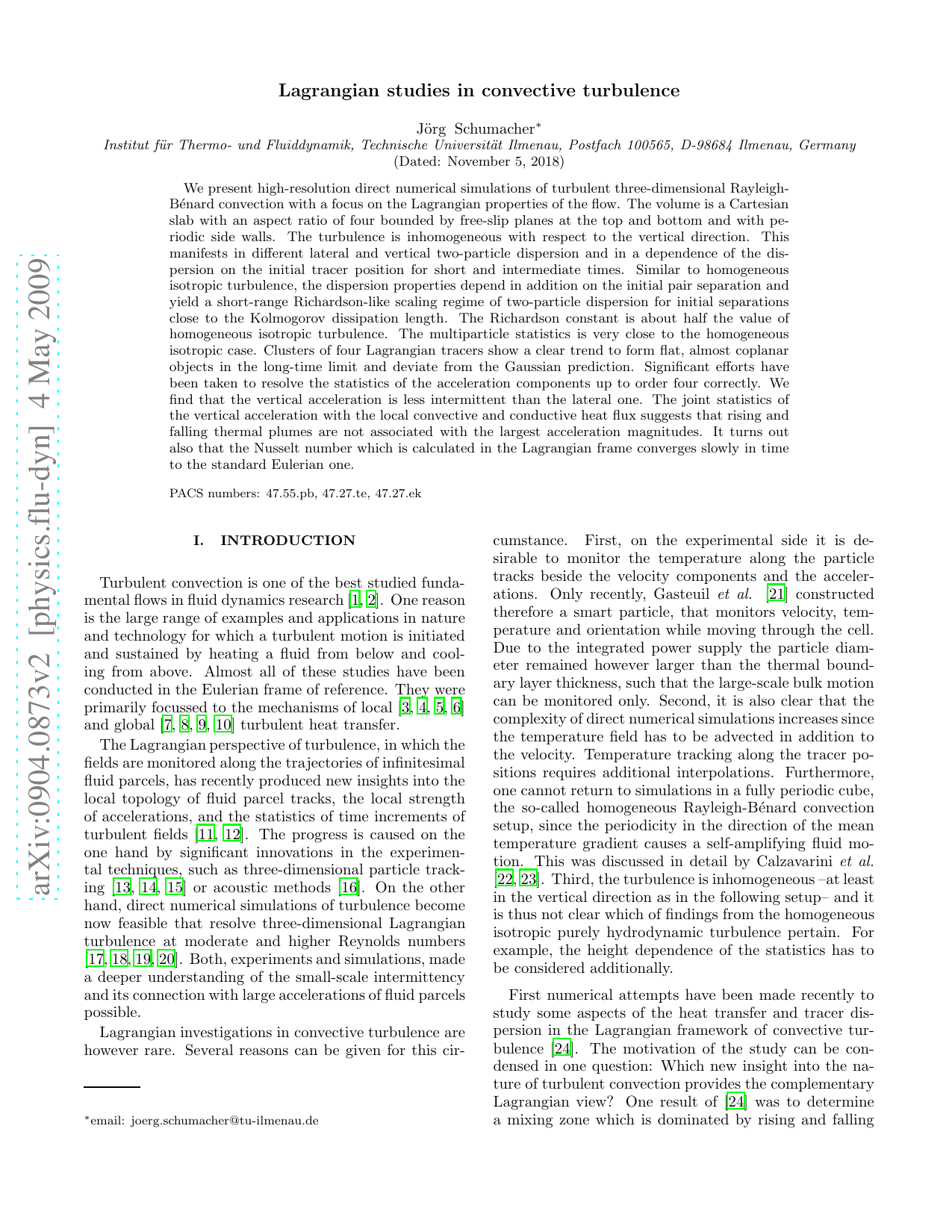 Lagrangian studies in convective turbulence