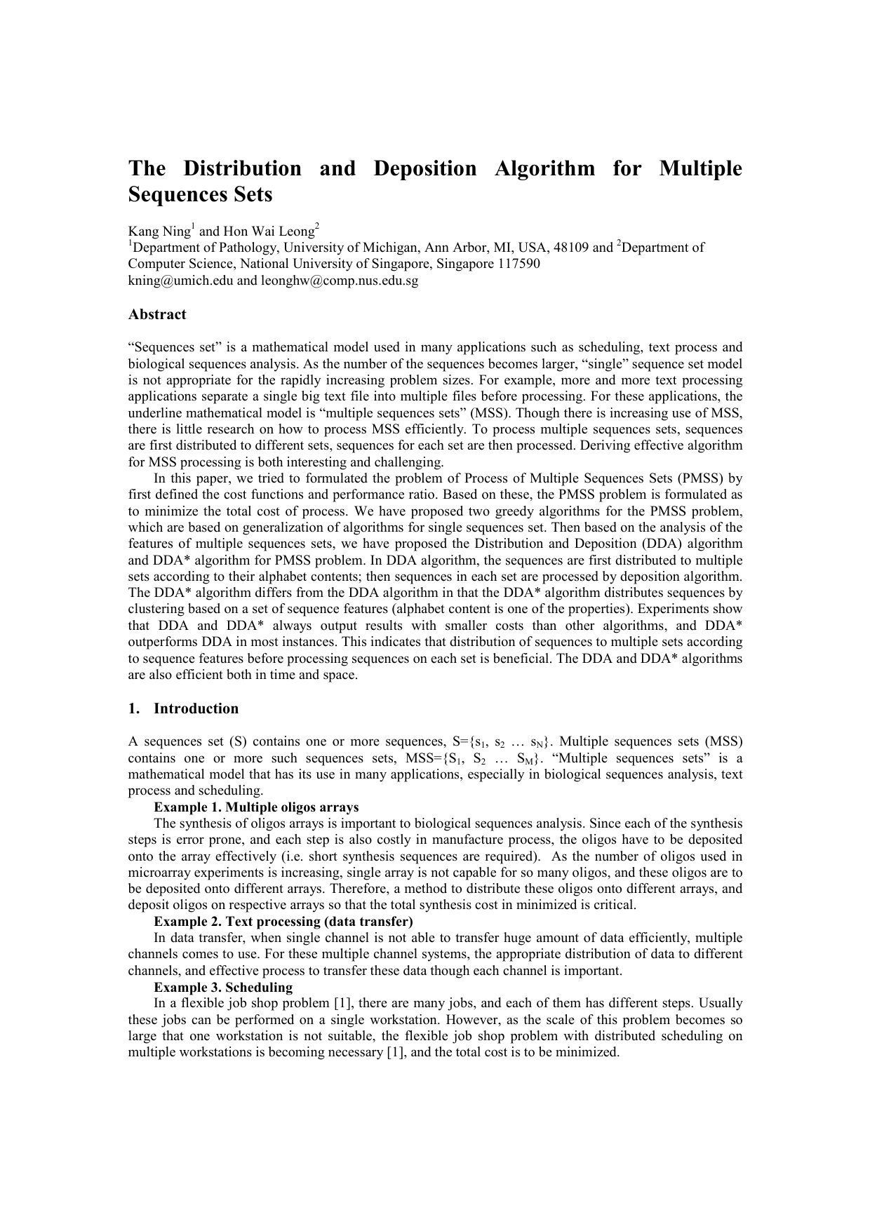 The Distribution and Deposition Algorithm for Multiple Sequences Sets