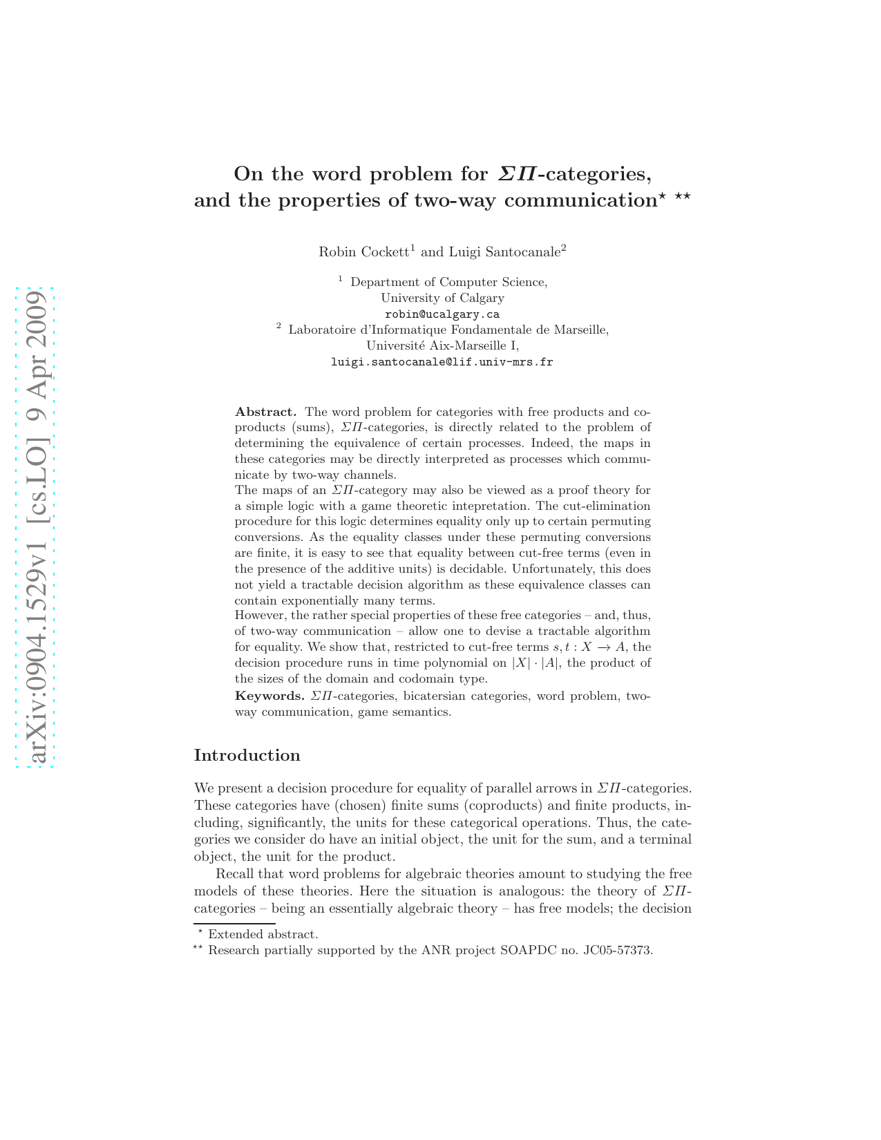 On the word problem for SP-categories, and the properties of two-way   communication