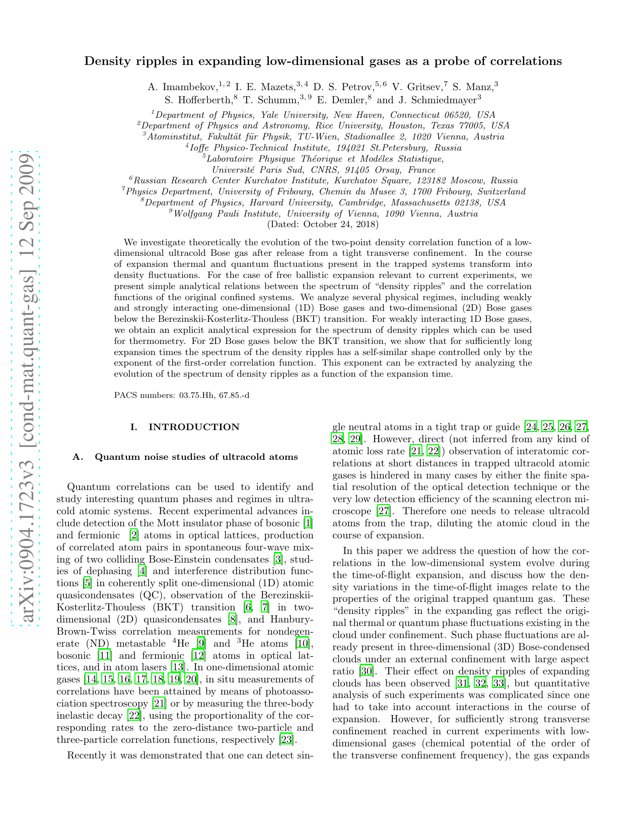 Density ripples in expanding low-dimensional gases as a probe of correlations