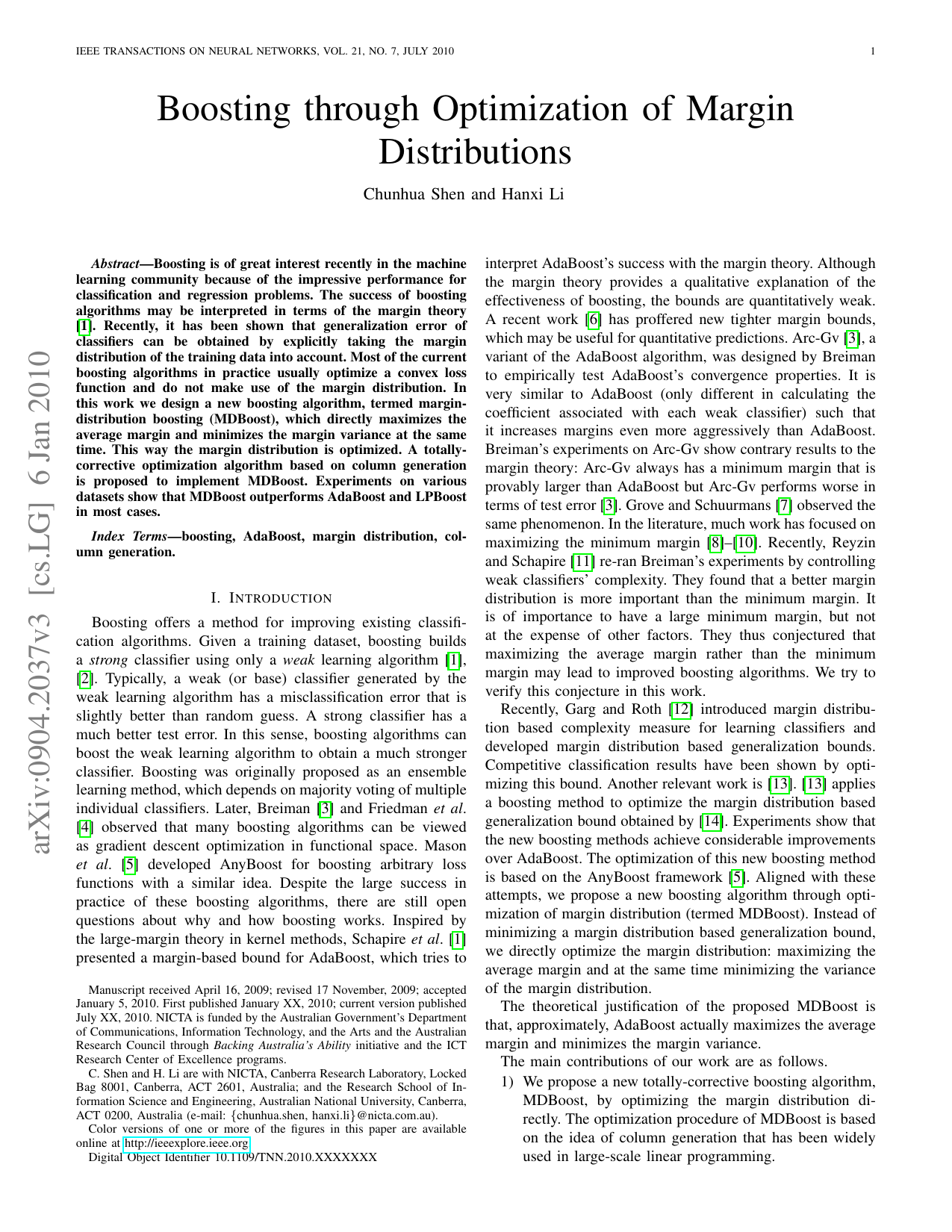 Boosting through Optimization of Margin Distributions