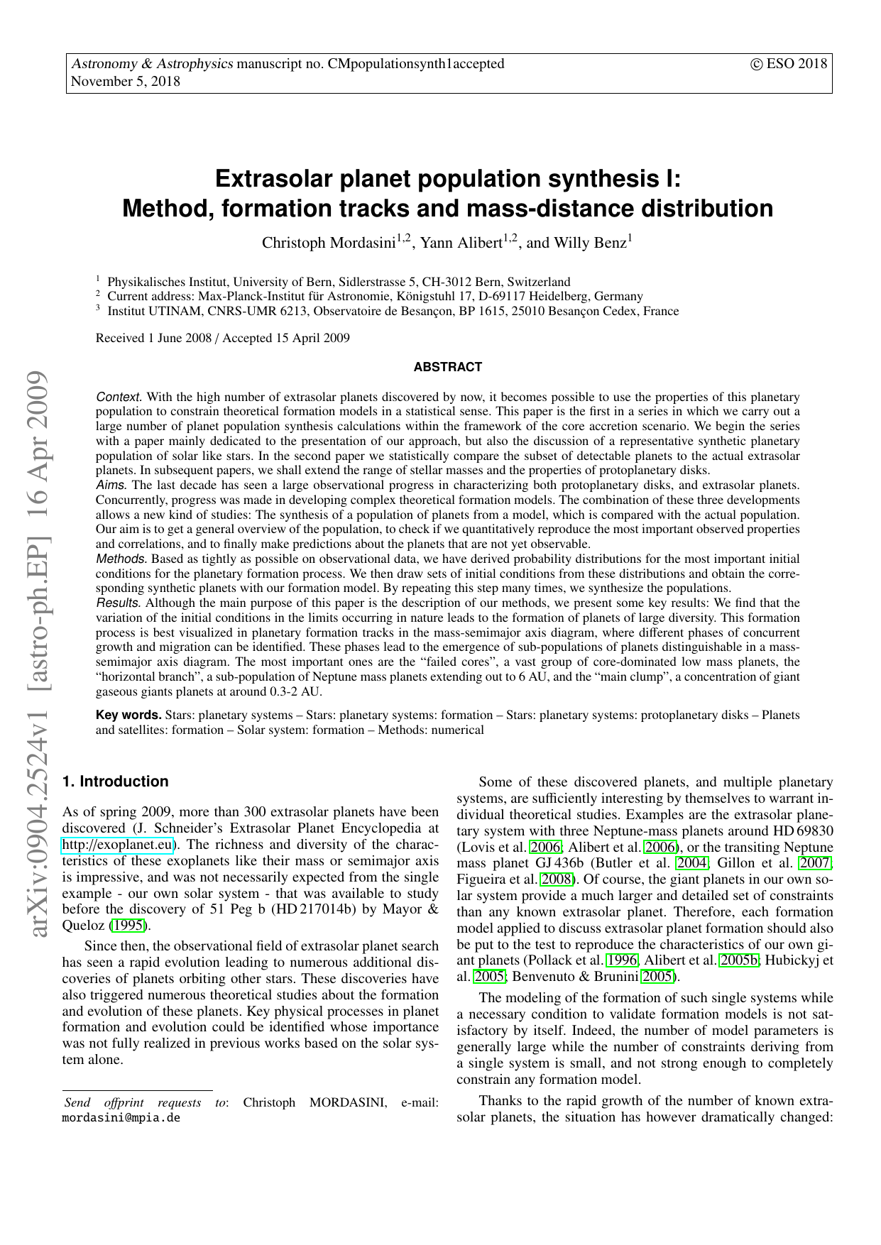 Extrasolar planet population synthesis I: Method, formation tracks and mass-distance distribution