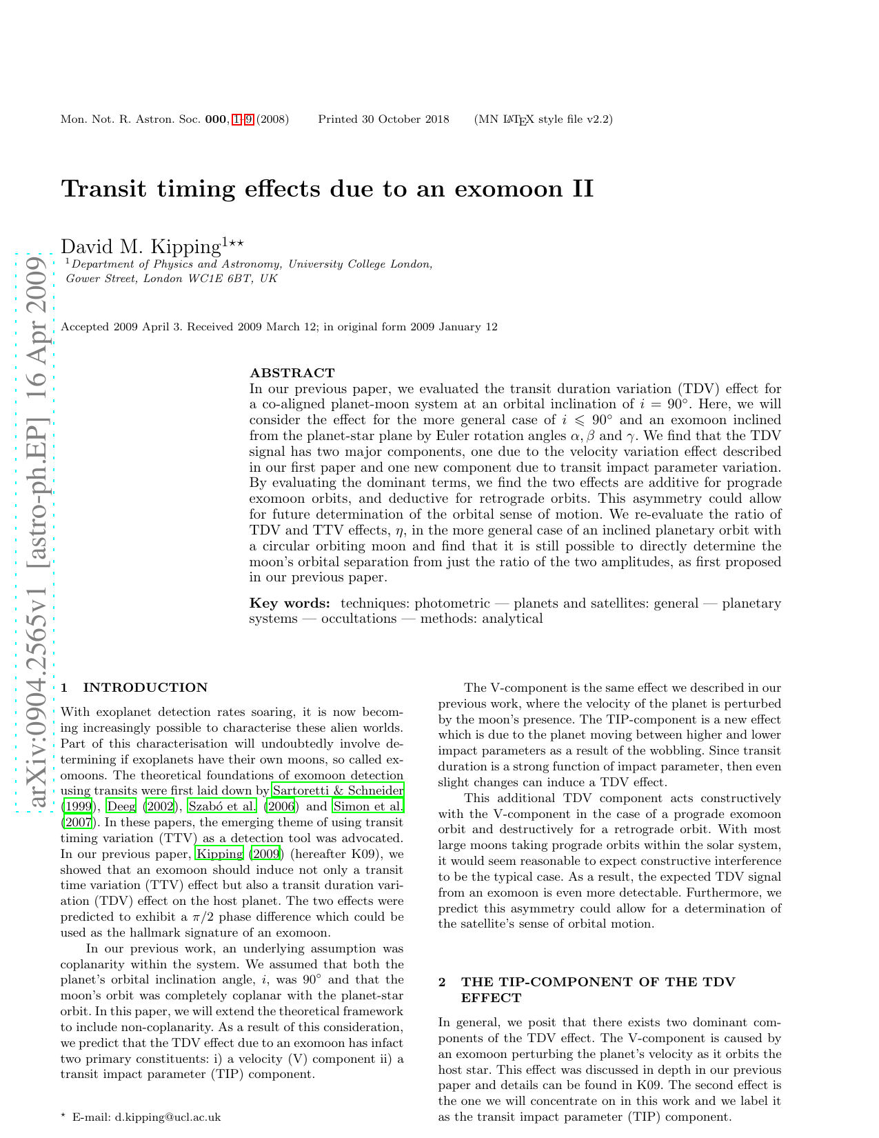 Transit timing effects due to an exomoon II