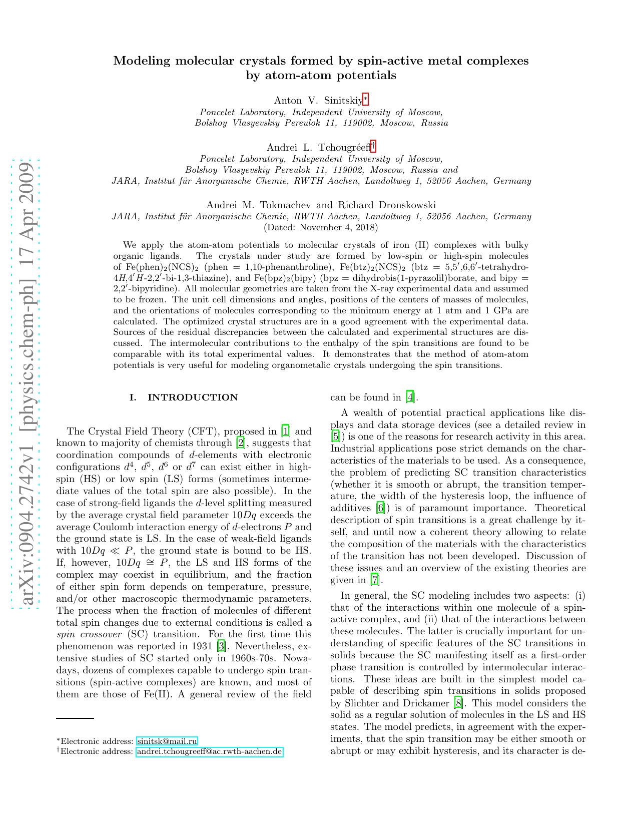 Modeling molecular crystals formed by spin-active metal complexes by   atom-atom potentials