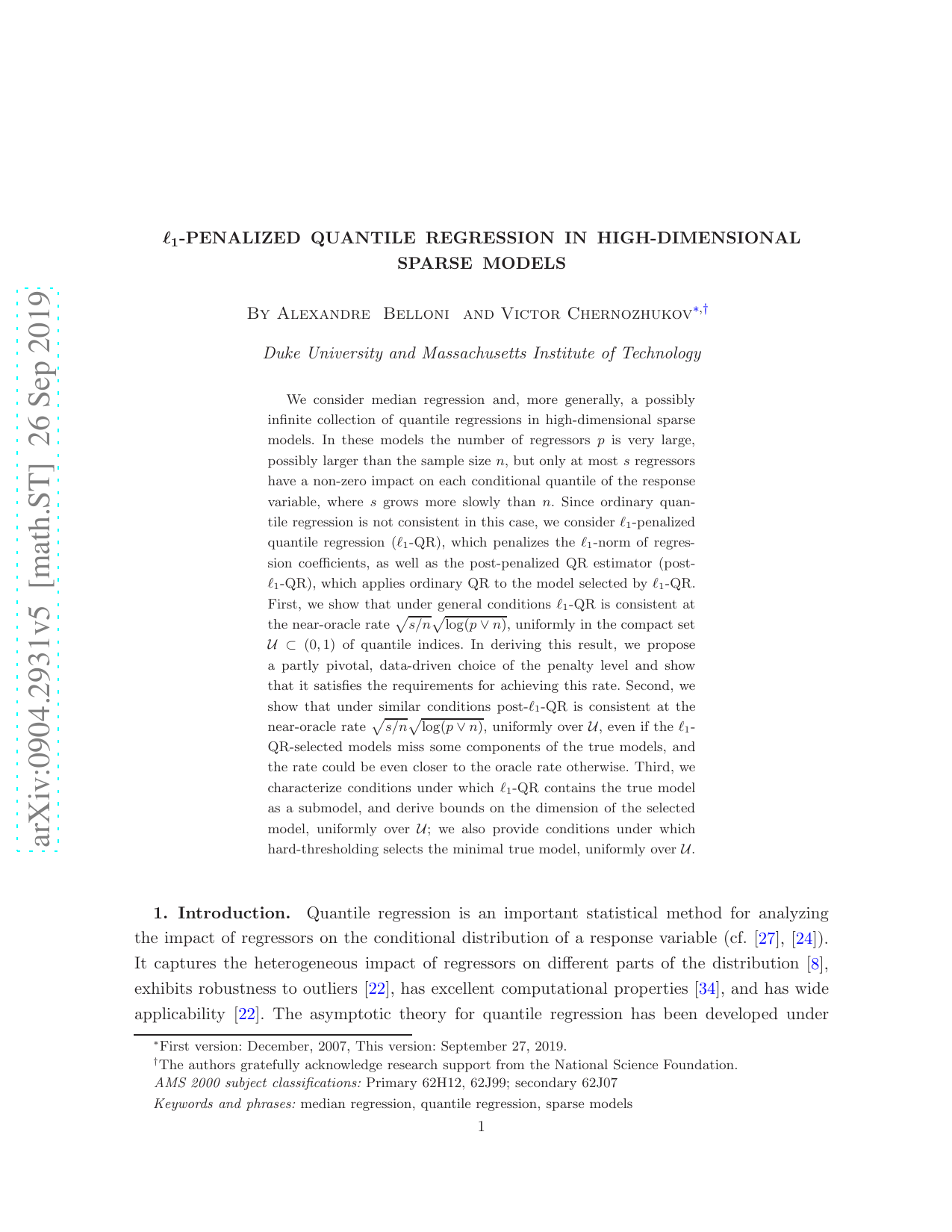 L1-Penalized Quantile Regression in High-Dimensional Sparse Models