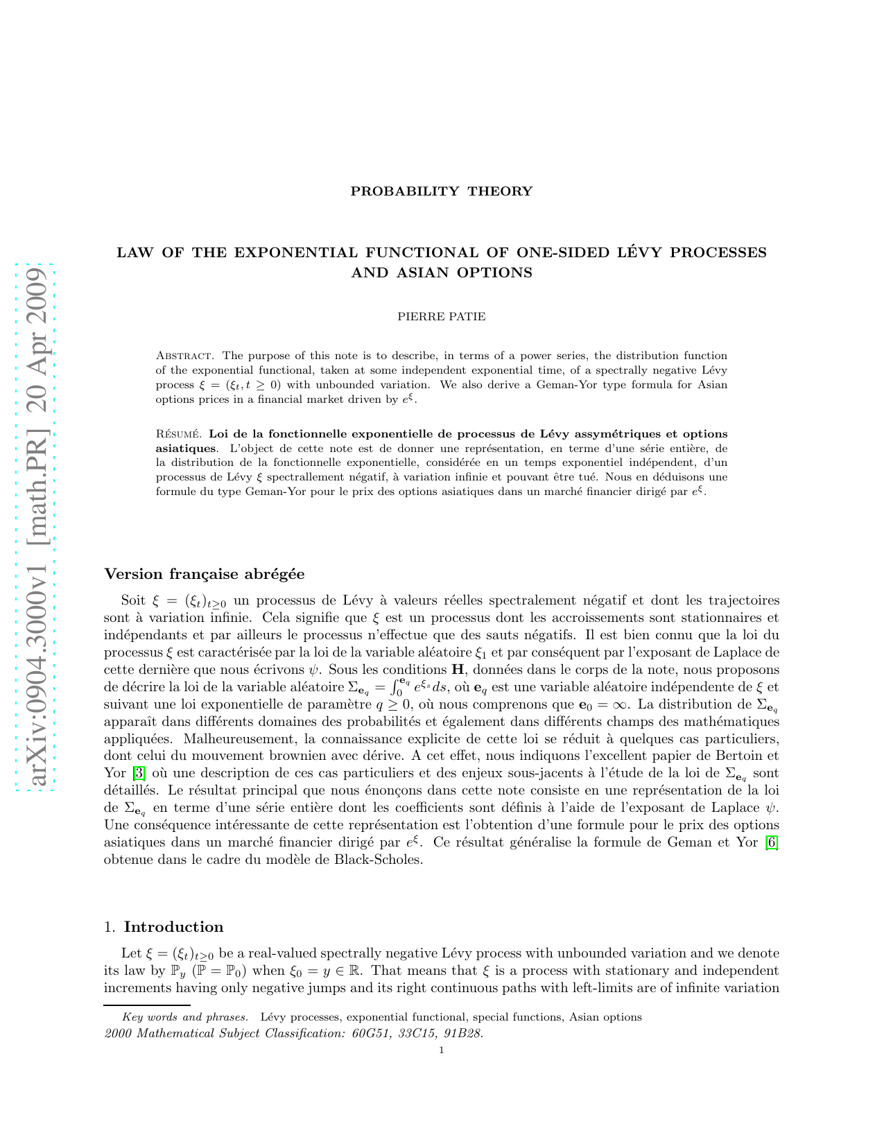 Law of the exponential functional of one-sided Levy processes and Asian options