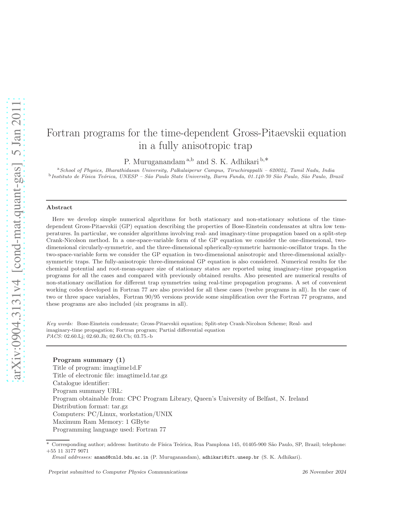 Fortran programs for the time-dependent Gross-Pitaevskii equation in a   fully anisotropic trap