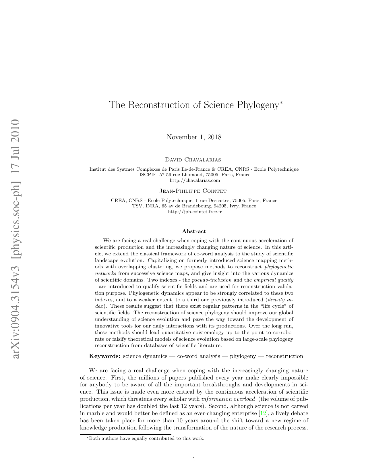 The Reconstruction of Science Phylogeny