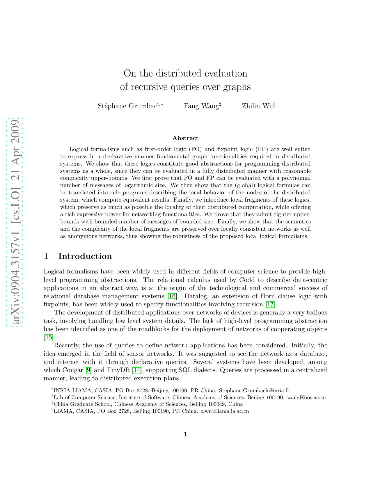 On the distributed evaluation of recursive queries over graphs