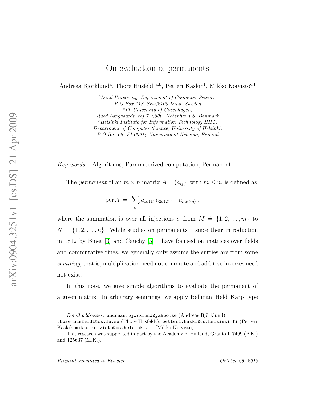 On evaluation of permanents