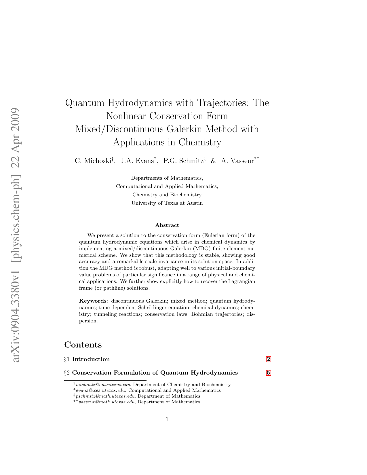 Quantum Hydrodynamics with Trajectories: The Nonlinear Conservation Form Mixed/Discontinuous Galerkin Method with Applications in Chemistry