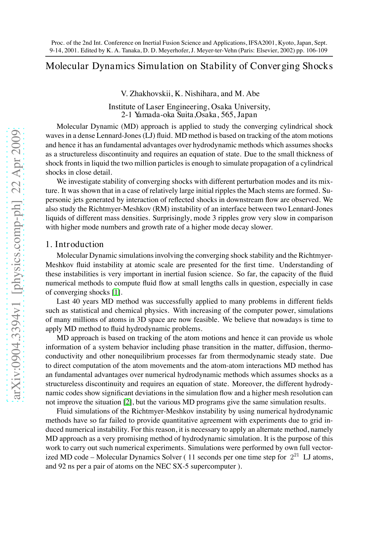 Molecular Dynamics Simulation on Stability of Converging Shocks