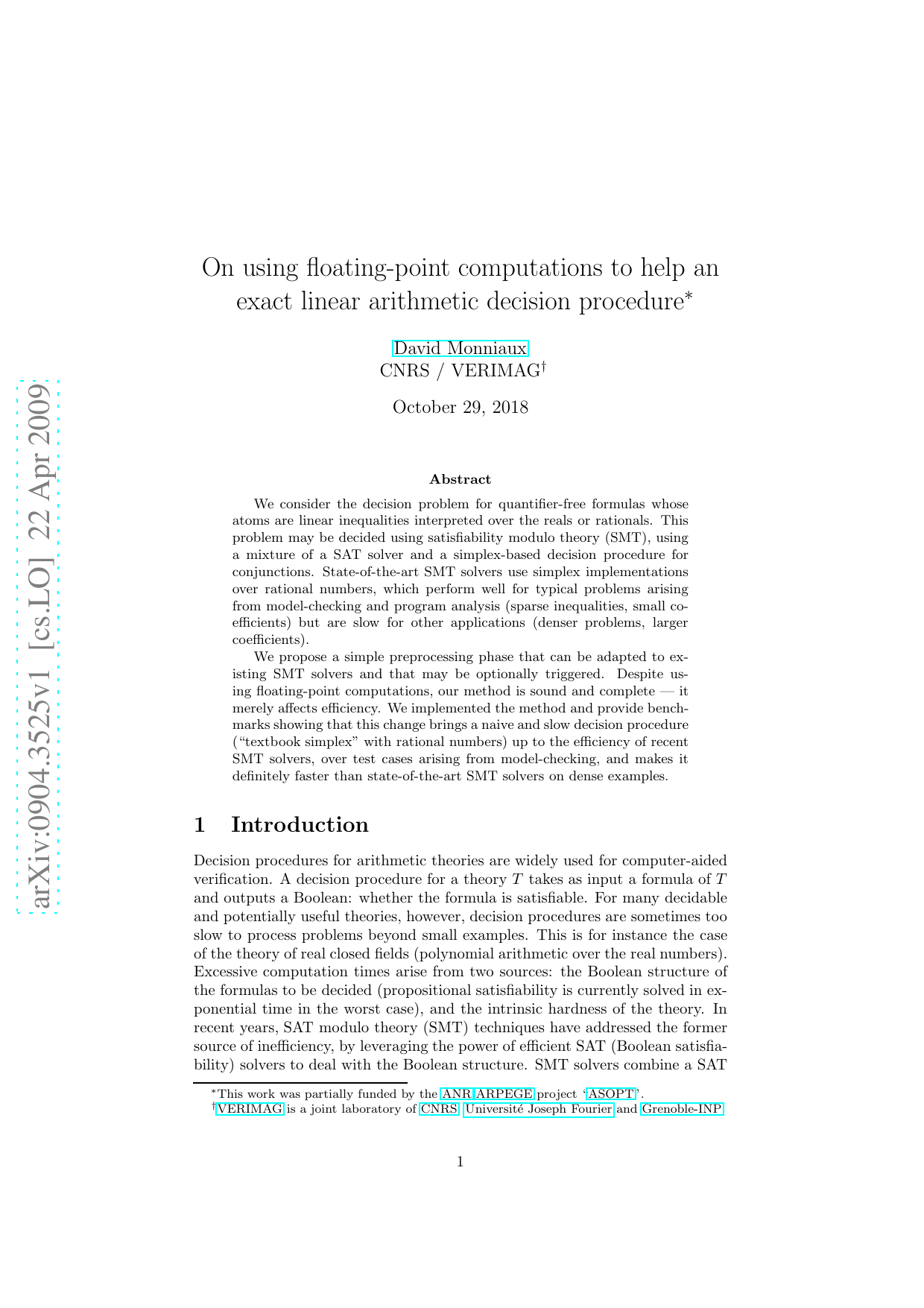 On using floating-point computations to help an exact linear arithmetic   decision procedure
