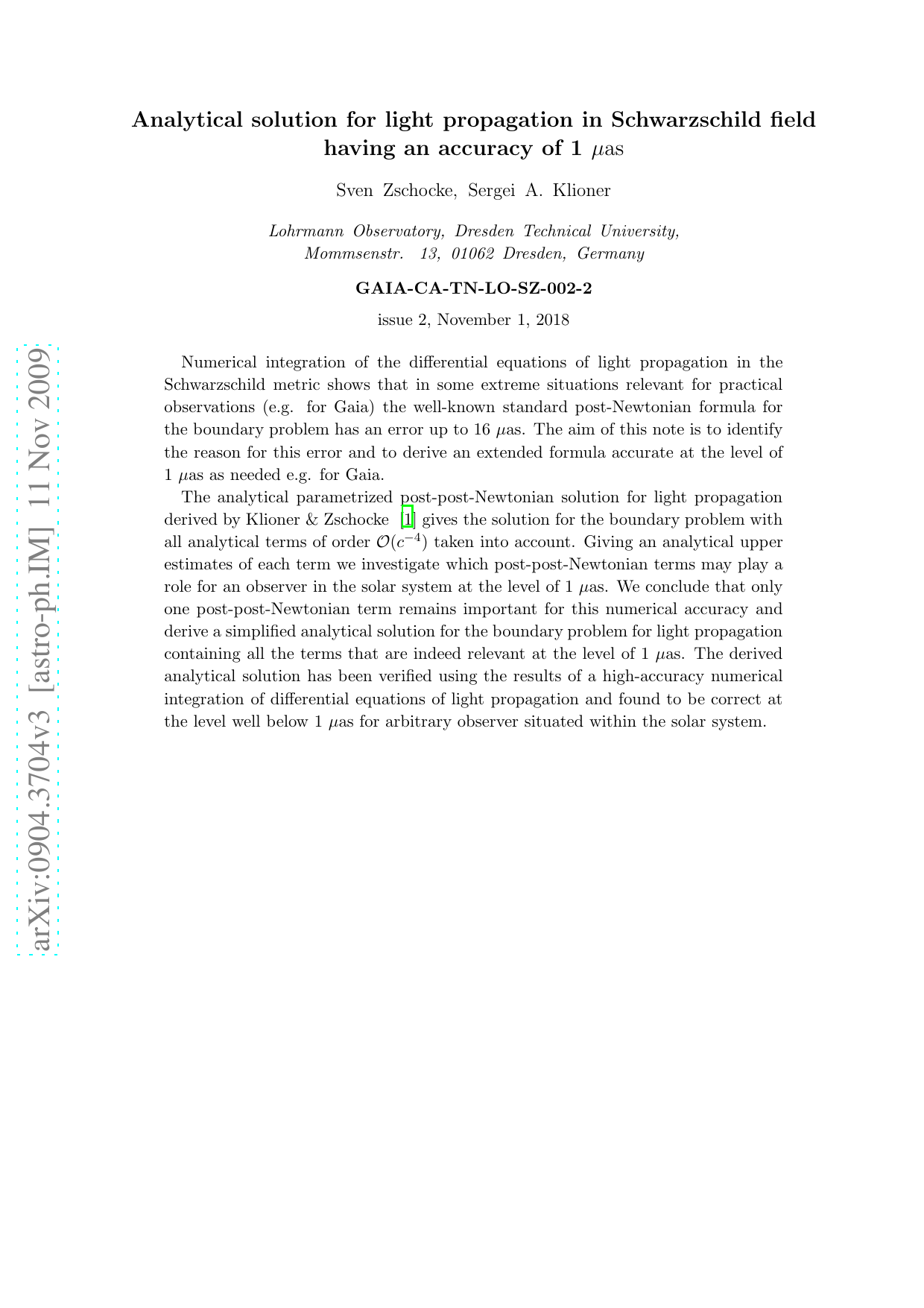 Analytical solution for light propagation in Schwarzschild field having   an accuracy of 1 micro-arcsecond