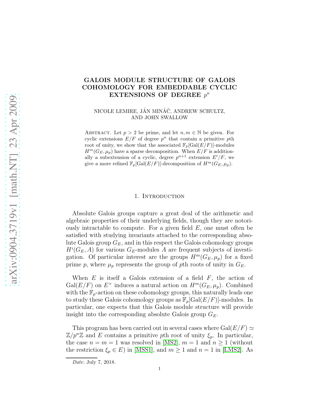 Galois module structure of Galois cohomology for embeddable cyclic   extensions of degree p^n