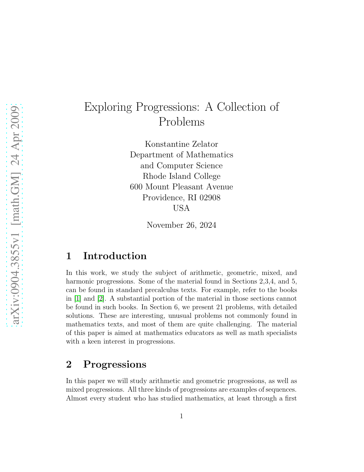 Exploring Progressions: A Collection of Problems