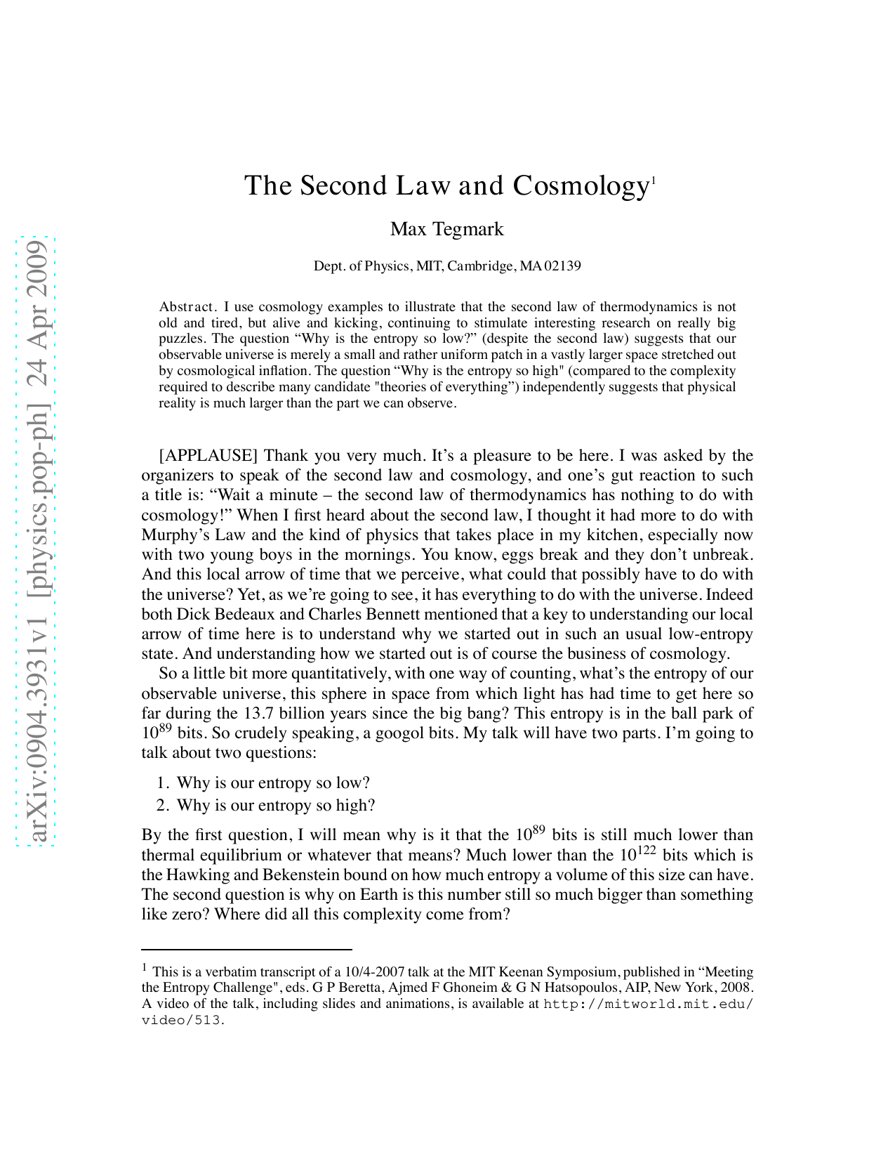 The Second Law and Cosmology