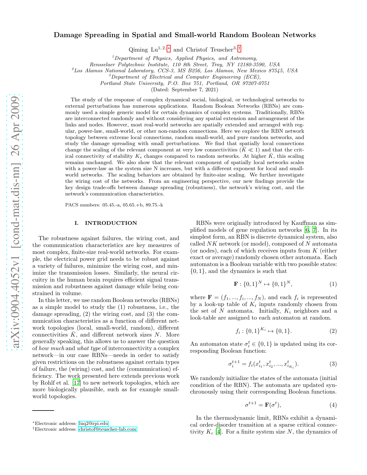 Damage Spreading in Spatial and Small-world Random Boolean Networks